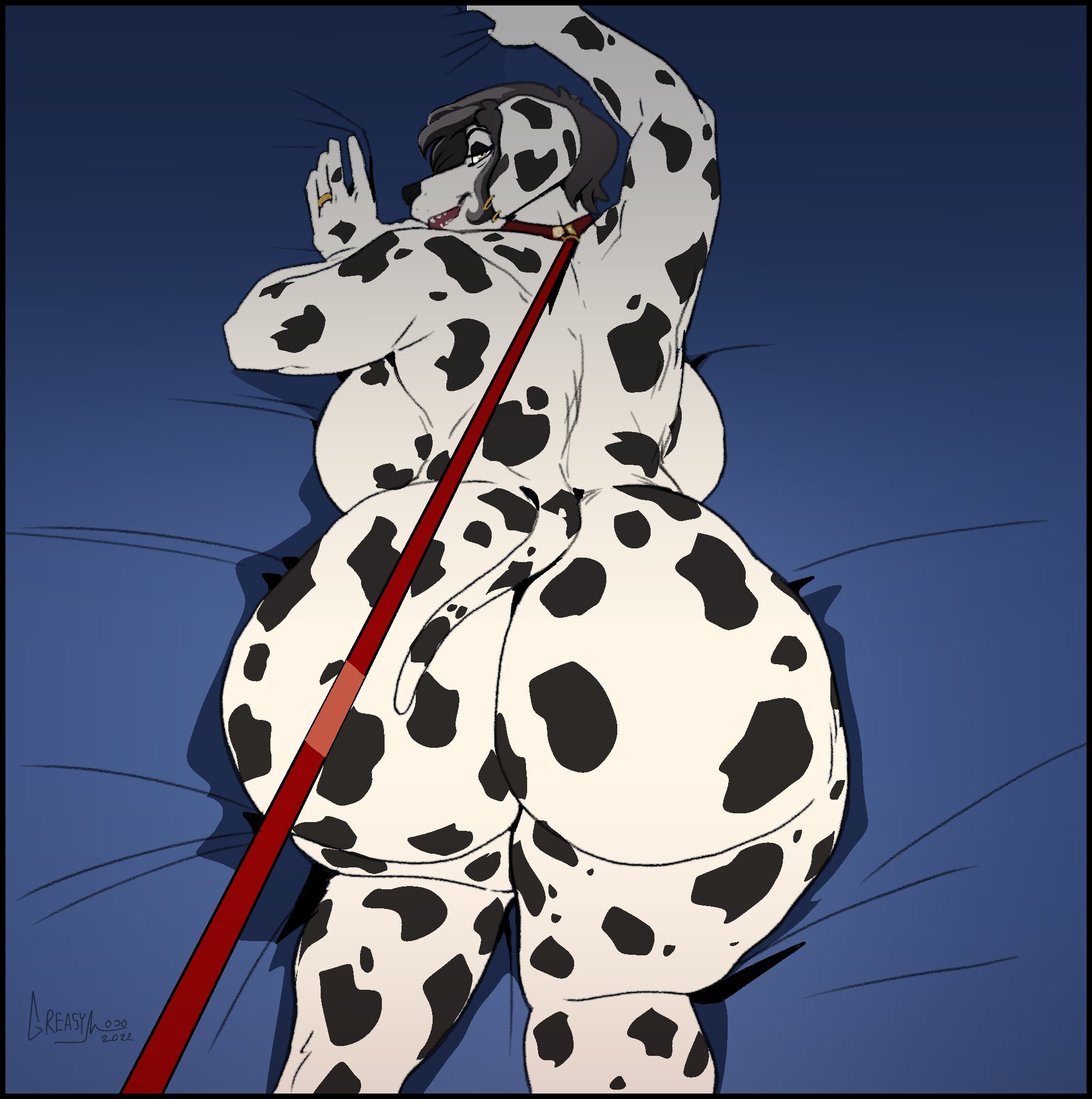 2022, 5 fingers, all fours, anthro, ass, back boob, bed, bedding, bedroom eyes, big breasts, big butt, black eyebrows, black hair, black nose, black spots, breasts, butt focus, canid, canine, canis, collar, curvy figure, dalmatian, digit ring, digital media (artwork), domestic dog, ear piercing, ear ring, eyebrows, eyelashes, female, fingers, fur, furniture, greasymojo, hair, head turned, hi res, huge butt, jewelry, leash, leashed collar, looking at viewer, looking back, looking back at viewer, mammal, marilyn (ghostmexicanwolf), markings, mature anthro, mature female, narrowed eyes, nude, offscreen character, on bed, open mouth, piercing, red collar, red leash, ring, ring piercing, seductive, shadow, short hair, signature, solo, spots, spotted body, spotted fur, submissive, submissive anthro, submissive female, teeth, thick thighs, voluptuous, wedding ring, white body, white fur