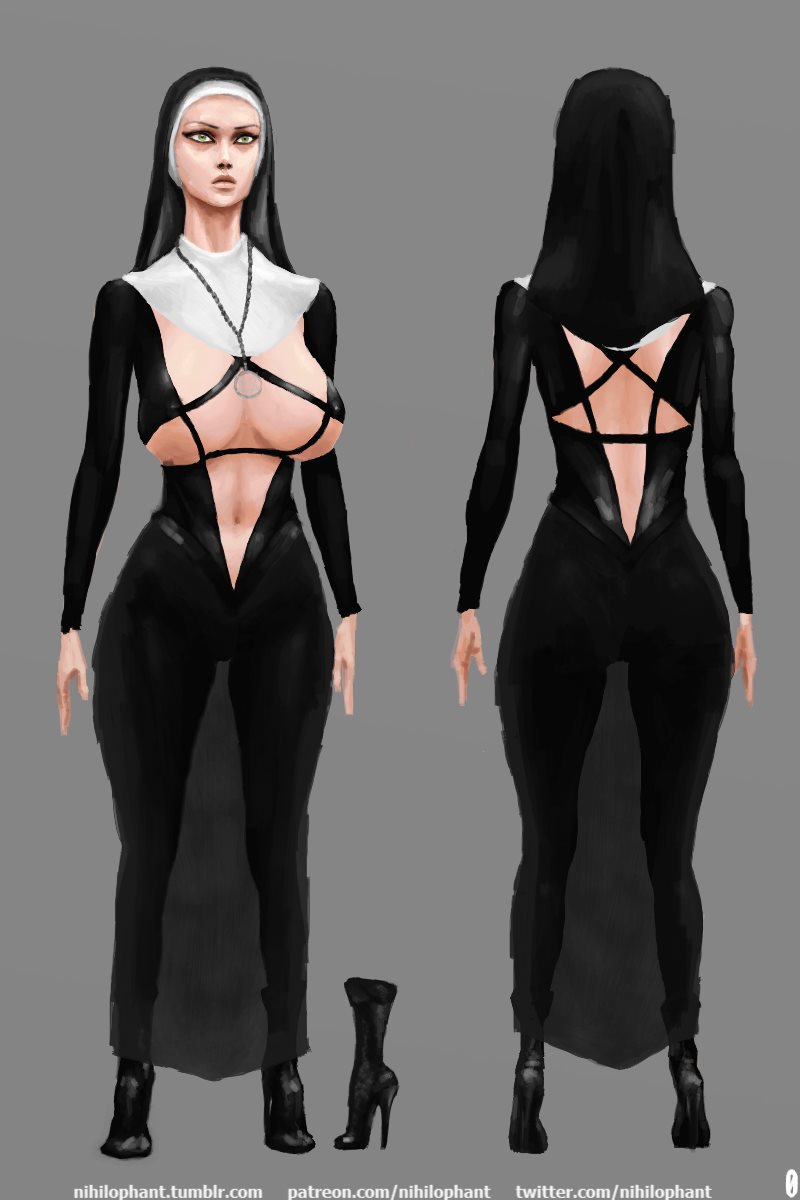 female full-length_portrait full_length model_sheet nihilophant nun skimpy_clothes skirt solo standing