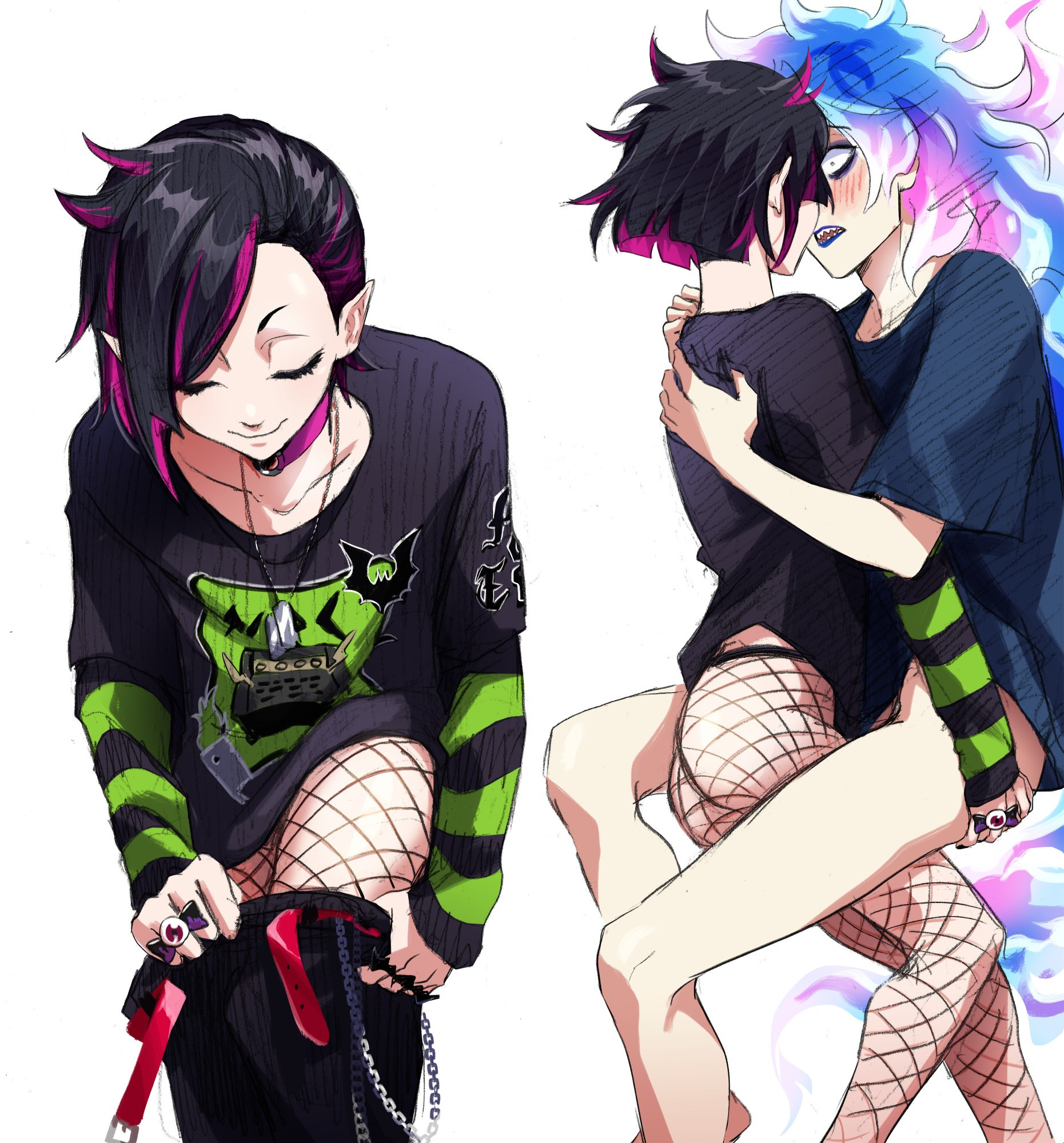 2boys, age difference, androgynous, black hair, blush, clothed sex, confident, cute, cute face, dyed hair, emo, emo boy, fire, fishnets, flustered, flustered male, gay, idia shroud, lifting, lifting person, lilia vanrouge, long hair, male, pants down, ryuichirouart, shirt, shirt lift, short hair, skinny, smaller penetrating, twisted wonderland, undressing, yaoi, young