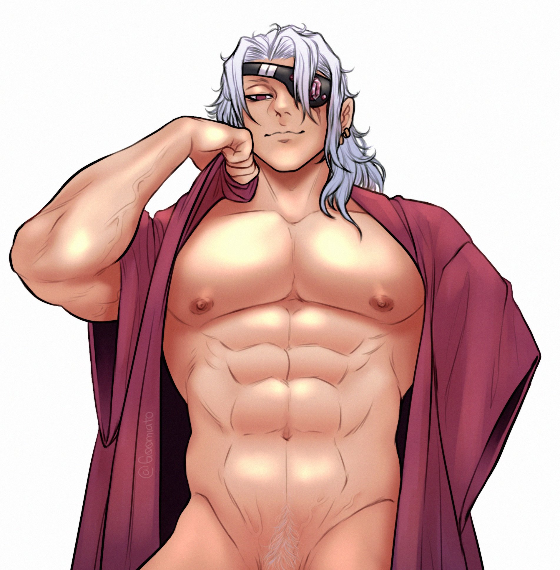 1boy, abs, amputated arm, amputee, artist name, bara, demon slayer, g00miato, kimetsu no yaiba, male, male only, muscular, muscular arms, muscular chest, muscular male, nipples, pecs, pectorals, simple background, solo, uzui tengen, yaoi