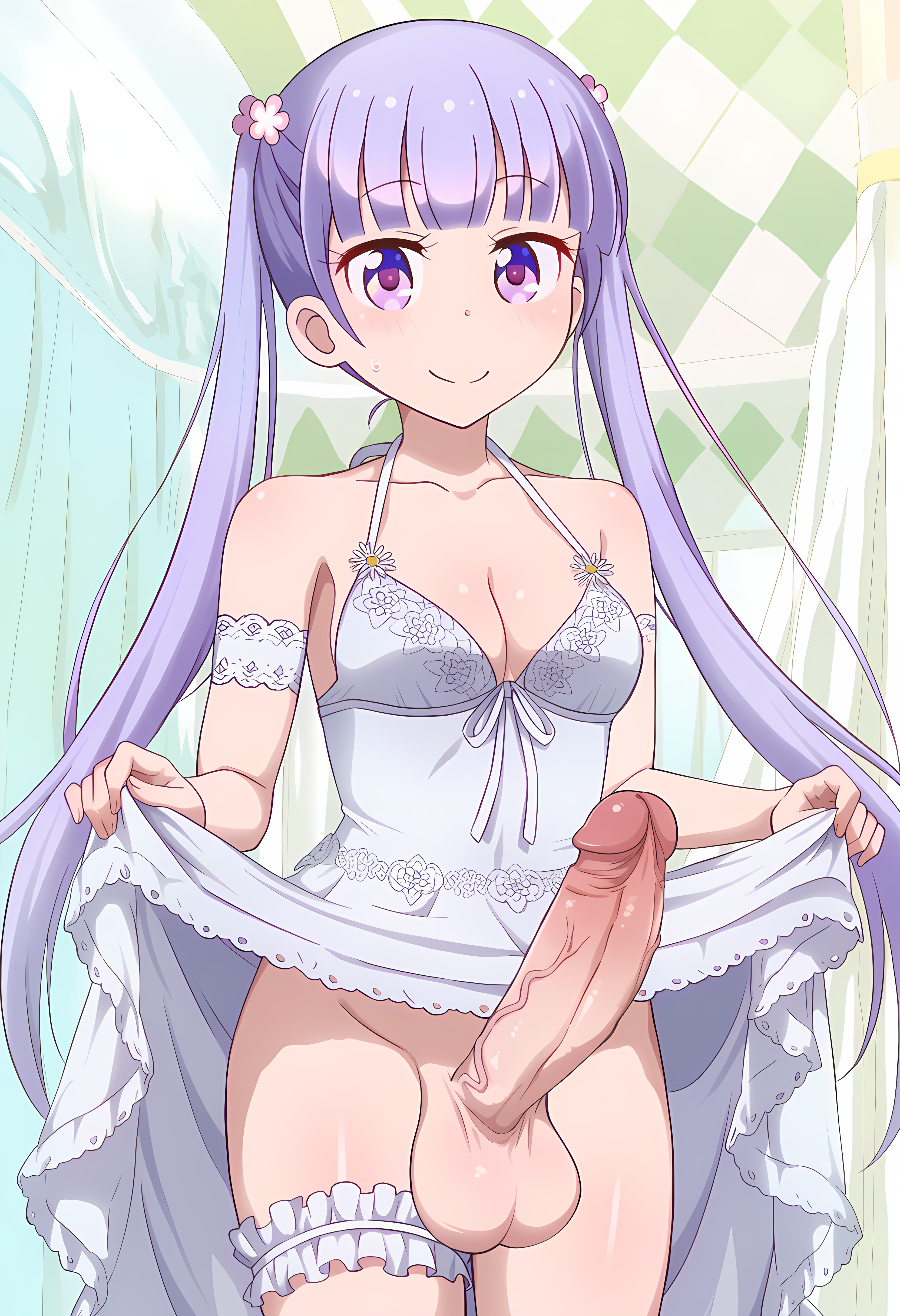 ai generated, balls, big penis, clothes lift, dress, futanari, hair ornament, intersex, lifting own clothes, looking at viewer, new game!, penis, penis vein, shiny skin, smile, smiling, smiling at viewer, suzukaze aoba, sweatdrop, tagme, totalump, veiny penis
