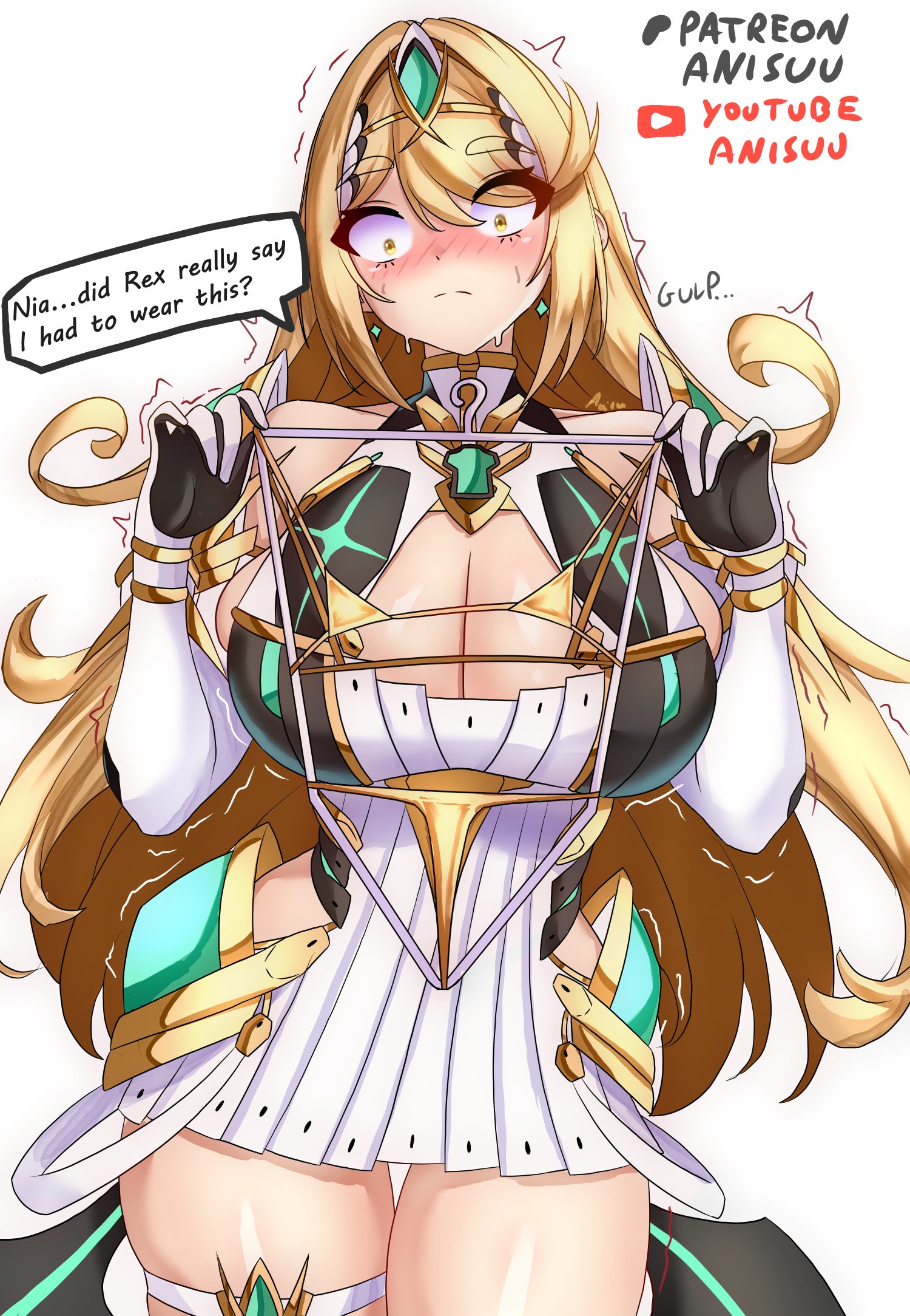 1girls, anisdrawn, bare shoulders, bikini, blonde hair, blush, breasts, chest jewel, cleavage, cleavage cutout, clothing cutout, commentary, dress, english commentary, female, female only, gold bikini, highres, holding, holding swimsuit, holding unworn clothes, huge breasts, long hair, micro bikini, microdress, mythra, simple background, solo, speech bubble, sweat, swimsuit, tiara, trembling, unworn swimsuit, white background, white dress, xenoblade (series), xenoblade chronicles 2, yellow eyes