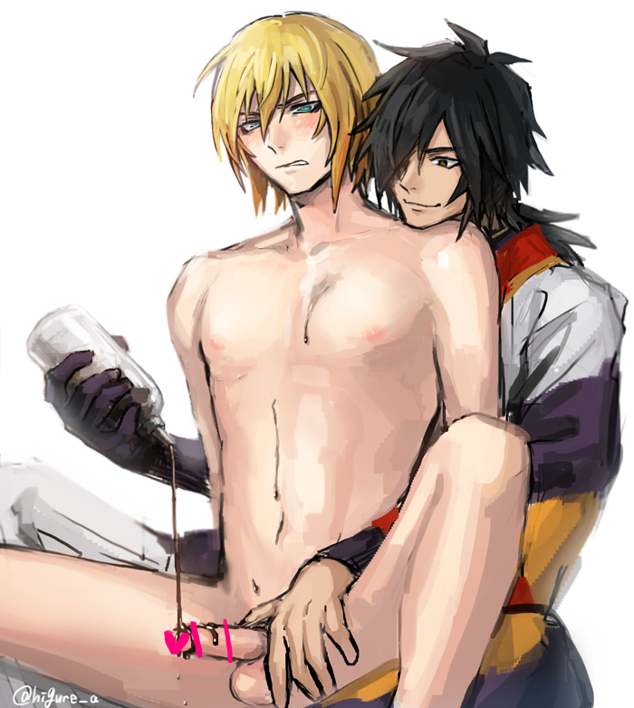 2boys blonde_hair blue_eyes blush chocolate dash10 eizen_(tales) erection male_only multiple_boys naughty_face nude penis penis_grab rokurou_rangetsu sitting tagme tales_of_(series) tales_of_berseria testicles yaoi