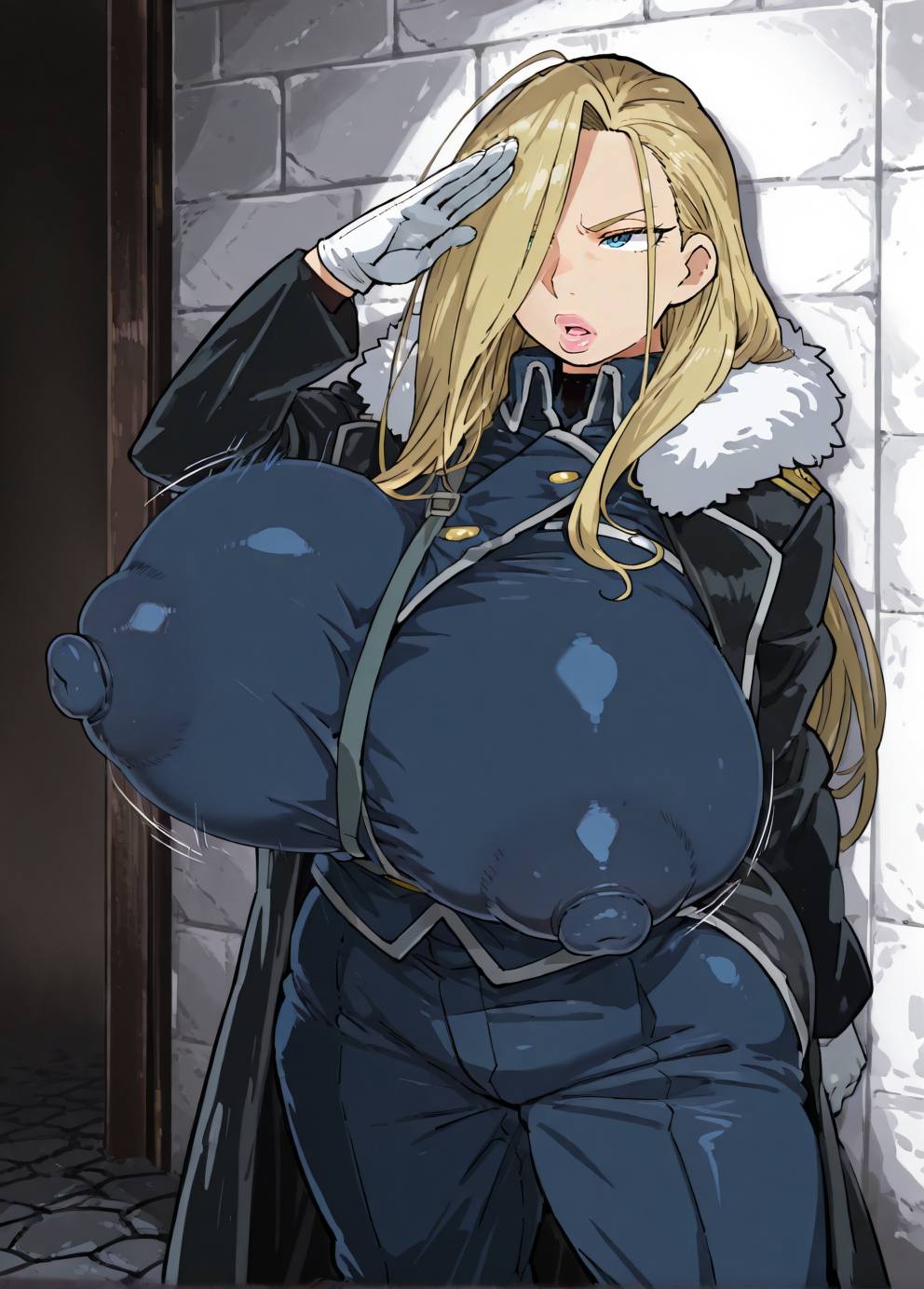 1girls, ai generated, belt, blonde, blonde female, blonde hair, blonde-haired female, blue eyes, blue-eyed female, breasts, cameltoe, cleavage, curly hair, curvy, erect nipples, female, female only, fullmetal alchemist, fullmetal alchemist brotherhood, gigantic breasts, gloves, huge areolae, huge ass, nai diffusion, olivier mira armstrong, puffy nipples, stable diffusion, thick lips, very long hair, voluptuous, wide hips, xezex, yellow hair