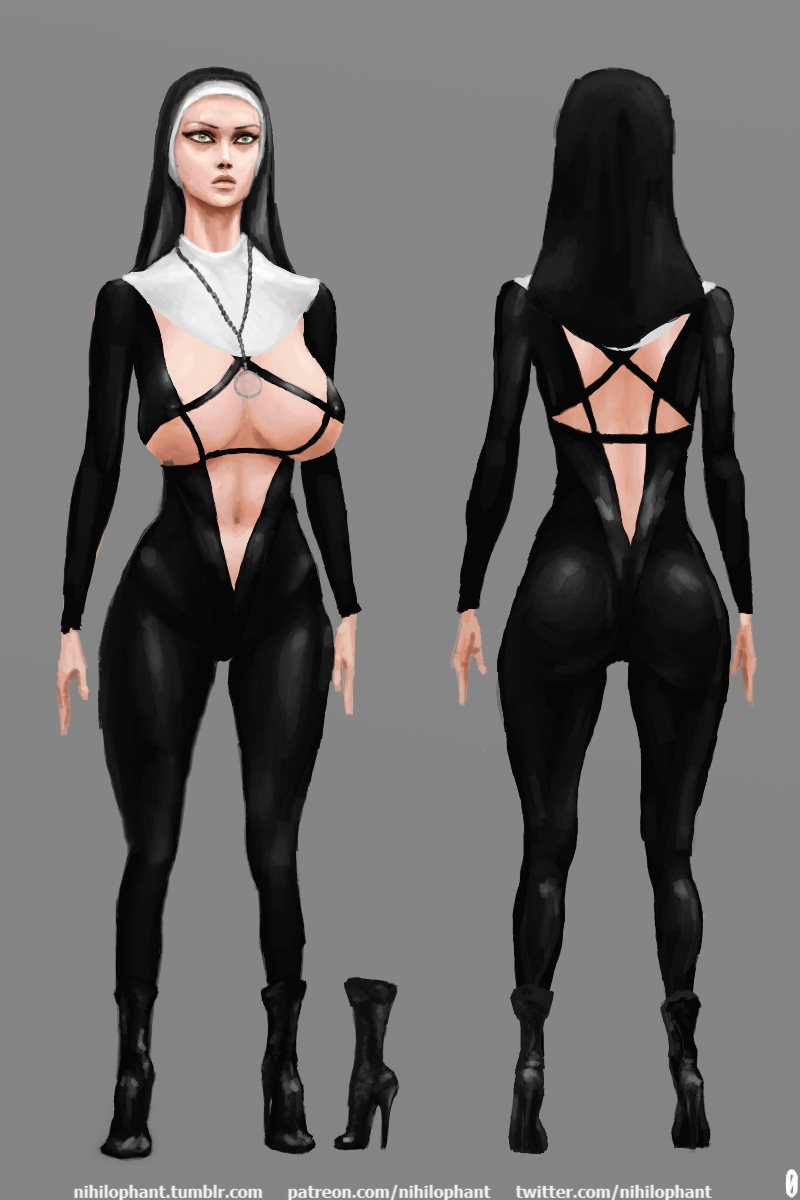 female full-length_portrait full_length model_sheet nihilophant nun skimpy_clothes solo standing