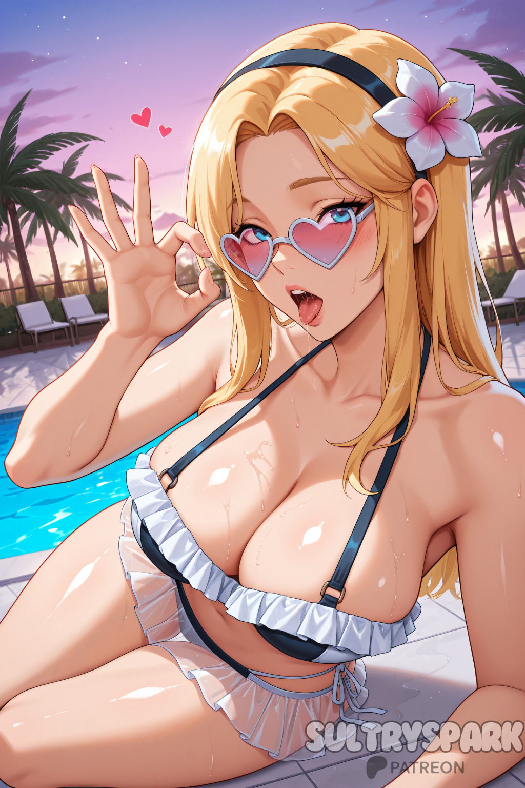 ai generated, bikini, black bikini, black hairband, blonde hair, blue eyes, blush, breasts, cleavage, collarbone, fellatio gesture, female, flower, frilled bikini, frills, futarush, hair flower, hair ornament, hairband, heart, heart-shaped eyewear, heart-shaped pupils, large breasts, league of legends, league of legends: wild rift, long hair, looking at viewer, looking over eyewear, luxanna crownguard, open mouth, parted bangs, patreon, patreon username, pool, poolside, riot games, solo, sultryspark, sunglasses, swimsuit, tinted eyewear, tongue, tongue out, wet