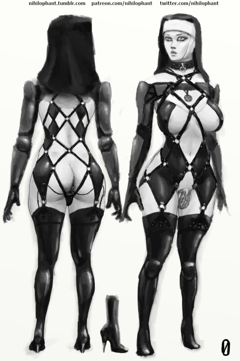 1futa dickgirl full-length_portrait full_length futa_only futanari intersex model_sheet monochrome nihilophant nun skimpy_clothes solo standing