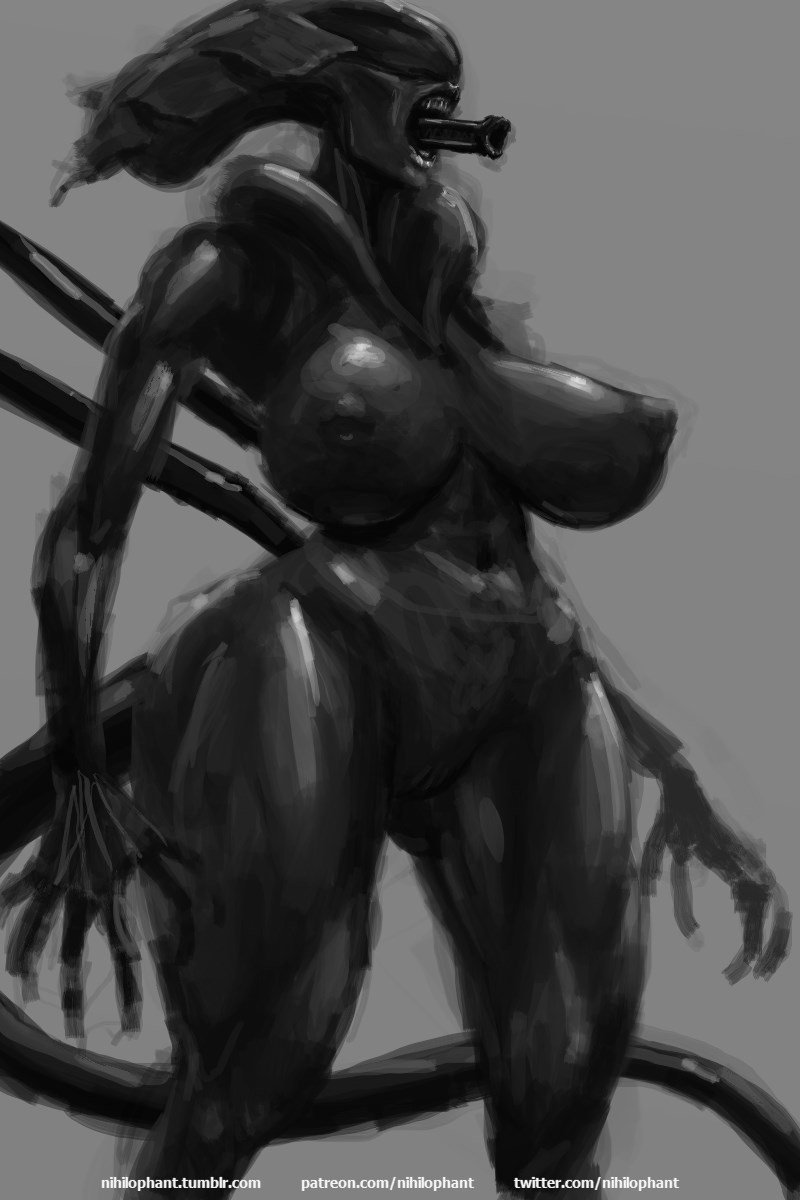 alien alien_(franchise) big_breasts breasts female female_only female_xenomorph monochrome nihilophant open_mouth solo solo_female xenomorph