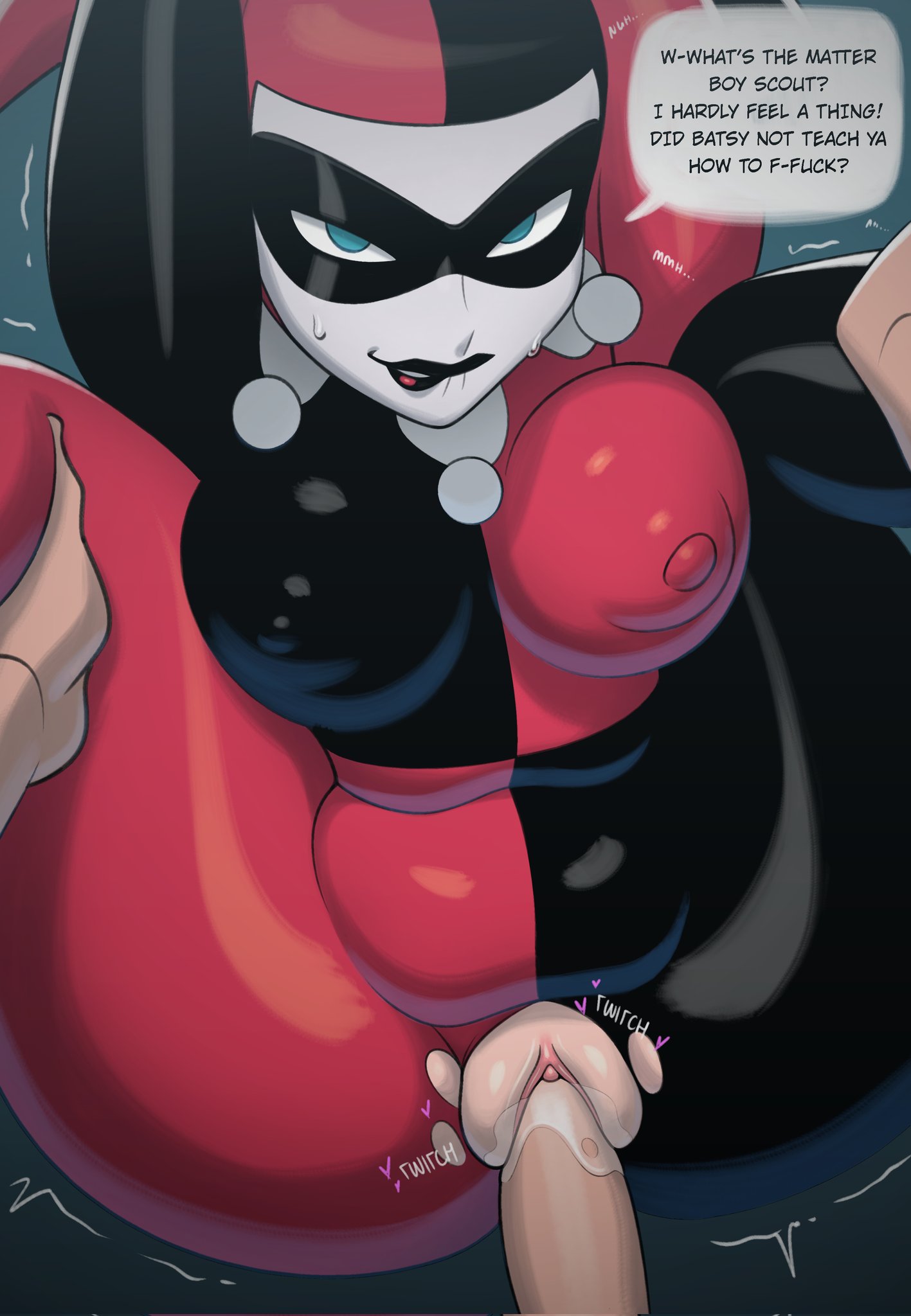 1girls, 2d, arms up, batman (series), batman: the animated series, big breasts, biting own lip, blue eyes, bodysuit, breasts, busty, catto natto, clitoral hood, clitoris, color, dc, dc comics, english dialogue, english text, erect clitoris, exposed pussy, eye contact, female, female focus, full color, giver pov, harley quinn, harley quinn (classic), huge breasts, legs apart, light skin, light-skinned female, male, male pov, motion lines, nipple bulge, onomatopoeia, partial male, pov, pussy, quivering, ripped bodysuit, ripped clothing, speech bubble, straight, straight sex, sweat, sweating, talking to viewer, vaginal, vaginal penetration, vaginal sex, villain, villainess