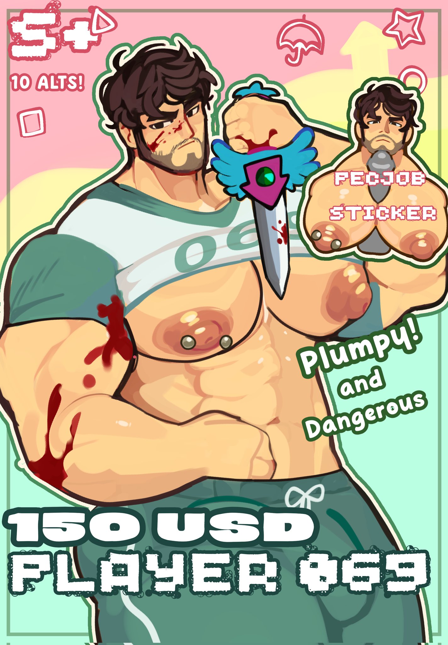 2025, 69 (number), balls, beard, big penis, blood, brown eyes, brown hair, bulge, clothed, clothed male, clothing, erection, erection under clothes, facial, gay, gay male, genitals, green clothing, human, jacket, male, male only, muirobara, muscular, muscular male, nipple piercing, nipples, pants, pantsless, pecjob, pecs, pectorals, penis, piercing, shirt, shirt lift, sideburns, solo, squid game, weapon
