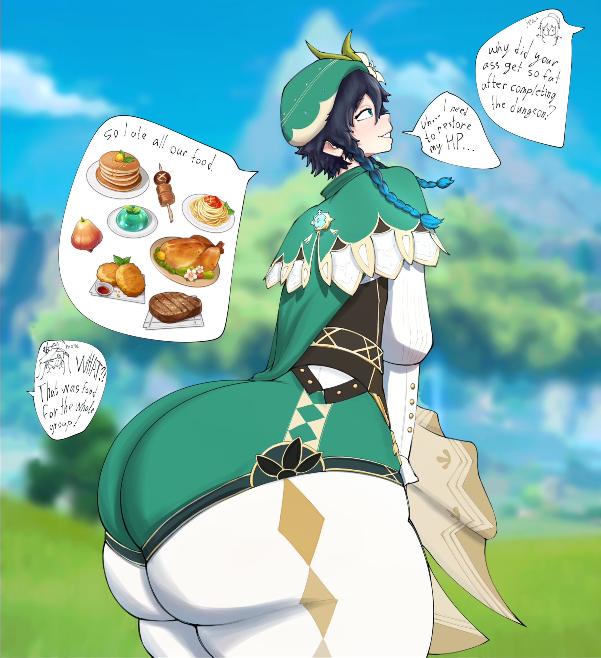 1boy, ass, dat ass, dialogue, fat ass, femboy, food, genshin impact, gigantic ass, huge ass, jean gunnhildr, ladno (artist), light-skinned male, male, male focus, male only, mona (genshin impact), solo, speech bubble, thick thighs, venti (genshin impact), wide hips, wide thighs