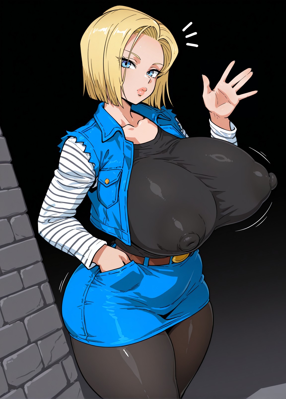 1girls, ai generated, android 18, belt, blonde, blonde female, blonde hair, blonde-haired female, blue eyes, blue-eyed female, breasts, cameltoe, cleavage, curvy, dragon ball, erect nipples, female, gigantic breasts, huge areolae, huge ass, nai diffusion, puffy nipples, short hair, short-haired female, stable diffusion, thick lips, voluptuous, wide hips, xezex, yellow hair