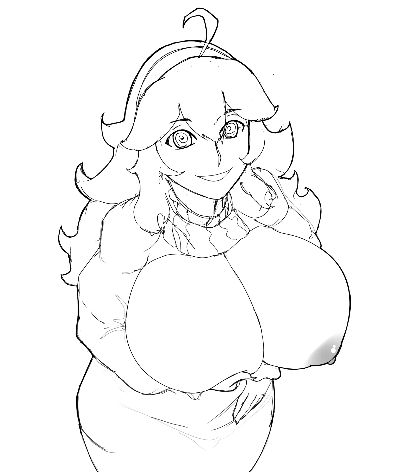 1girls, ahoge, areolae, breasts, breasts out, busty, dress, eyebrows visible through hair, female, female only, hair between eyes, hex maniac, huge breasts, large breasts, long hair, looking at viewer, massgrave, monochrome, nipples, open mouth, pokemon, smile, solo, spiral eyes, sweater, swirly eyes, wide hips