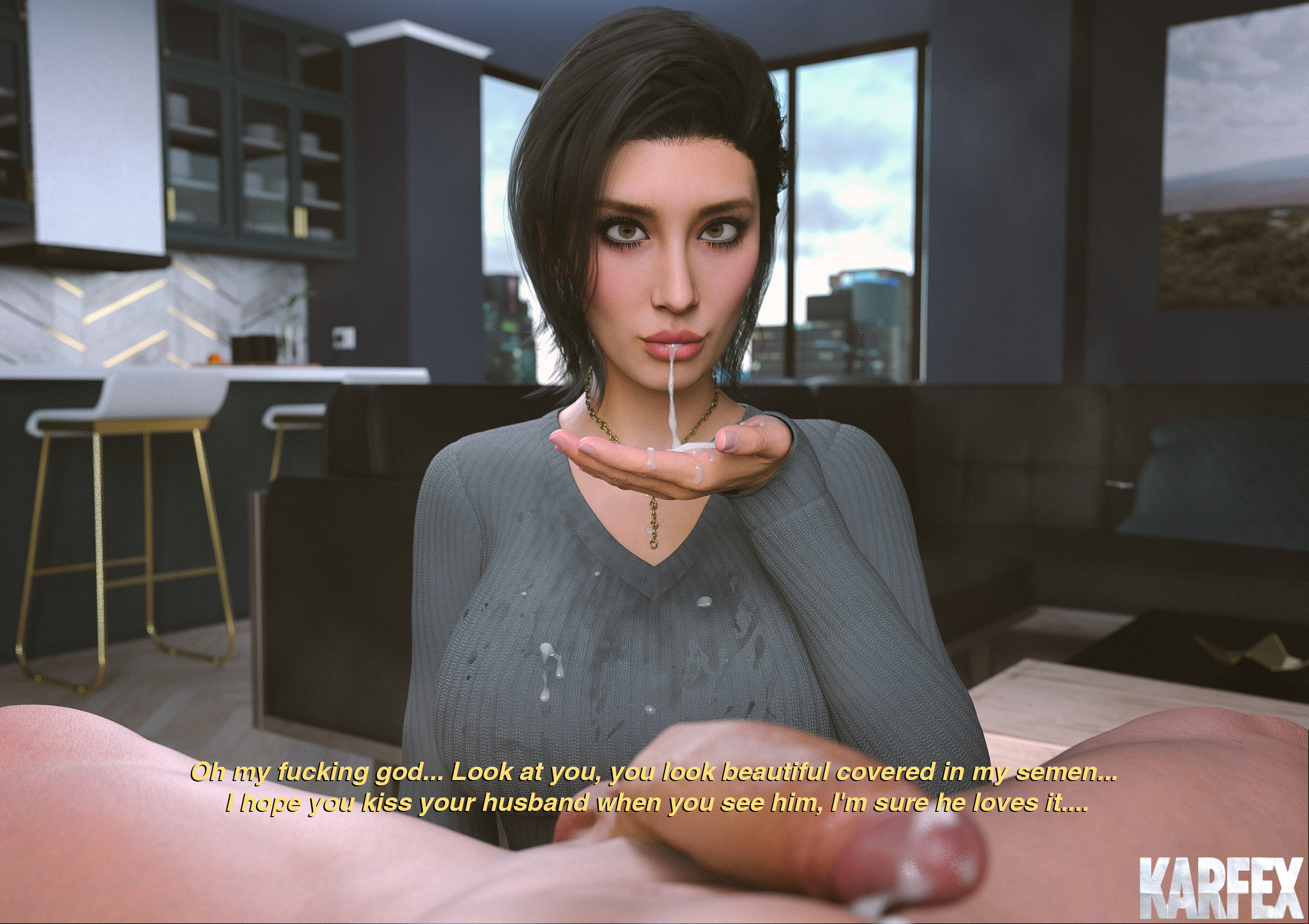 1boy, 1girls, 3d, after fellatio, ashley (karfex), blowjob, blowjob face, cheating, cheating wife, clothed female nude male, cum, cum in mouth, cum on clothes, cum on face, female, karfex, light skin, light-skinned female, light-skinned male, male, ntr, oral, partial male, pov, text