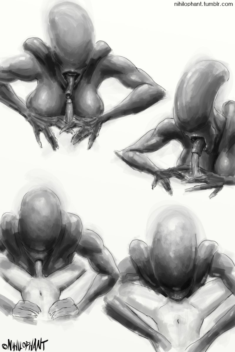 1girls, 2d, alien, alien (franchise), female, female xenomorph, feral penetrated, inner mouth, monochrome, nihilophant, oral, sucking, xenomorph
