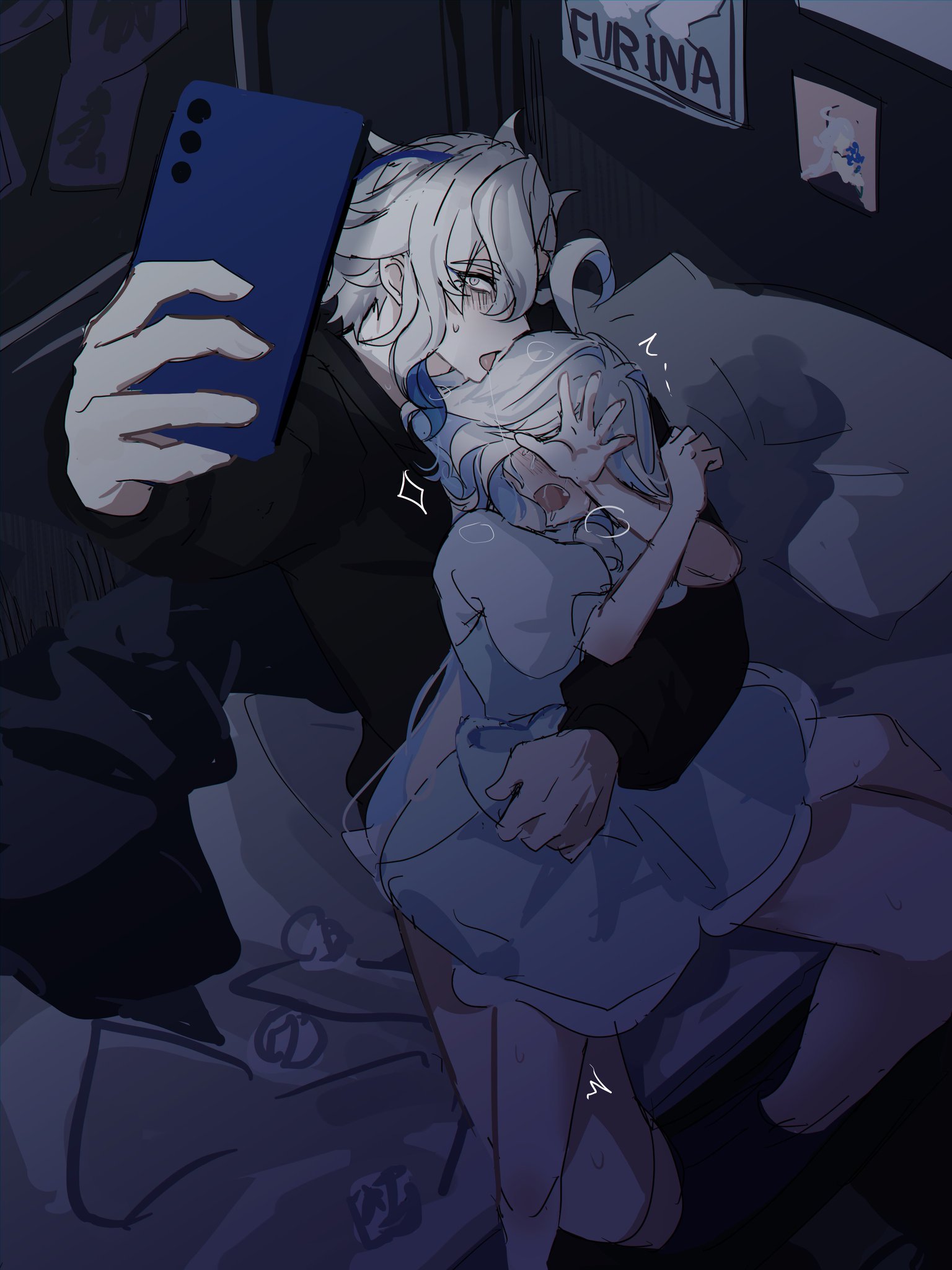1boy, 1boy1girl, 1girl, 1girls, after kiss, ahoge, bedroom, blue hair, blush, blush lines, clothed sex, drool, drool string, female, furina (genshin impact), genshin impact, hidden eyes, hiding face, highres, hiji (hijichan), implied sex, light blue hair, long-haired female, male, multicolored hair, neuvillette (genshin impact), on bed, petite, phone, poster, purple eyes, saliva string, saliva trail, selfie, short-haired male, silver hair, sitting on lap, sitting sex, size difference, smaller female, streaked hair, sweatdrop, taking picture, taller male, tissue, two-tone hair, white hair
