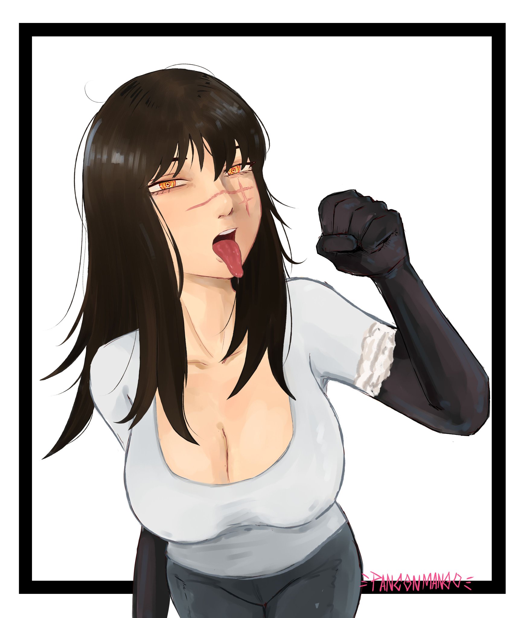 1girls, black hair, blowjob gesture, chainsaw man, demon, demon girl, devil, devil girl, female, handjob gesture, heroine, light skin, light-skinned female, mitaka asa, ringed eyes, scar, scar on face, spiral eyes, straight, tongue, tongue out, yoru (chainsaw man)