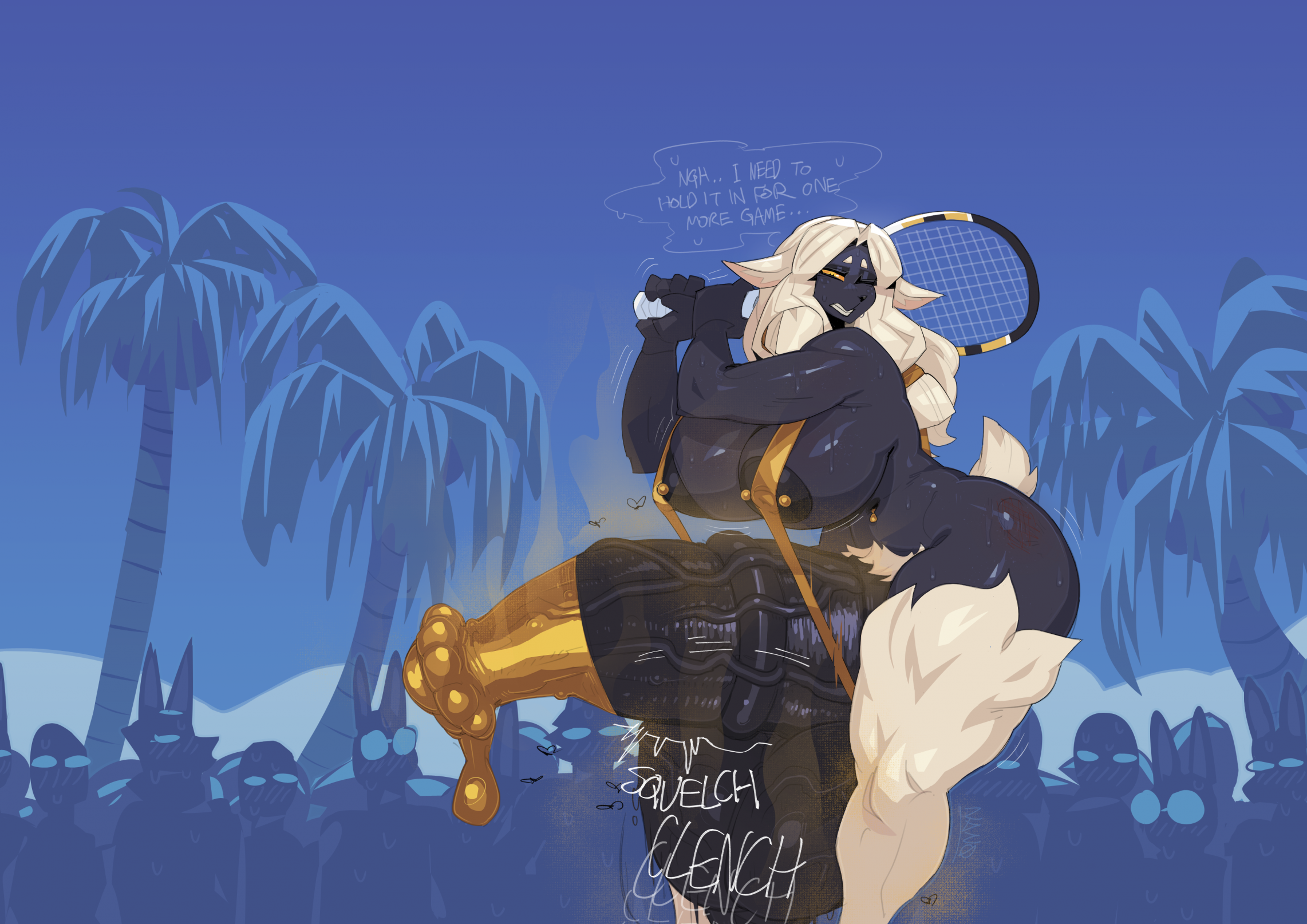 about to cum, animal genitalia, animal penis, anthro, areola, ass, background character, balls, big ass, big breasts, big penis, biped, black body, bodily fluids, bovid, breasts, caprine, clothing, condom, ejaculation bulge, equine genitalia, equine penis, extremely thick cum, flies, flies for smell, futanari, genitals, golden condom, golden week, hair, hi res, holding tennis racket, huge ass, huge breasts, huge cock, hyper, hyper genitalia, hyper penis, imminent orgasm, intersex, mammal, musk, nanokindred, nanovexx, nipple piercing, nipples, one-piece swimsuit, penis, piercing, pubes, public, reinette, reinette (nanokindred), sexual barrier device, sheep, sling bikini, smell, solo focus, standing, sweat, swimwear, tagme, tennis ball, tennis racket, text, thick cum, thick thighs, vein, veiny penis, very thick cum, visible stench, wearing condom, white hair