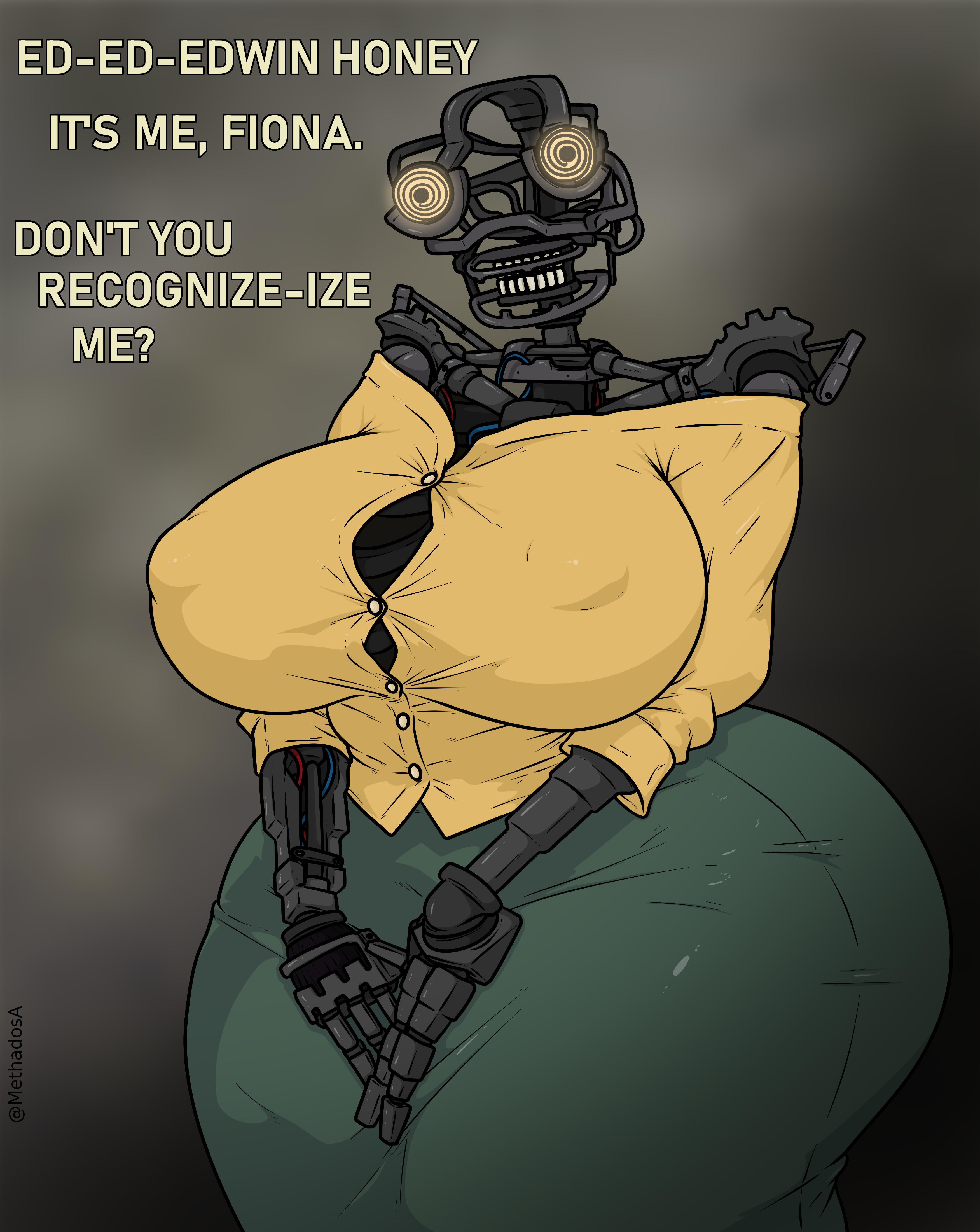 1girls, big breasts, breasts, clothed, clothed female, clothing, endoskeleton, f10-n4 (fnaf), female, female focus, female only, fiona murray, five nights at freddy's, five nights at freddy's: secret of the mimic, huge breasts, m1 (fnaf), mechanical, methados, robot, robot girl, solo, talking, talking to partner, the mimic (fnaf), thick thighs