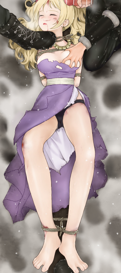 1girls 2boys blonde_hair breast_grab bruise bruised fairy_tail feet feet_tied groping jenny_realight large_breasts ponytail purple_dress ryona unconscious