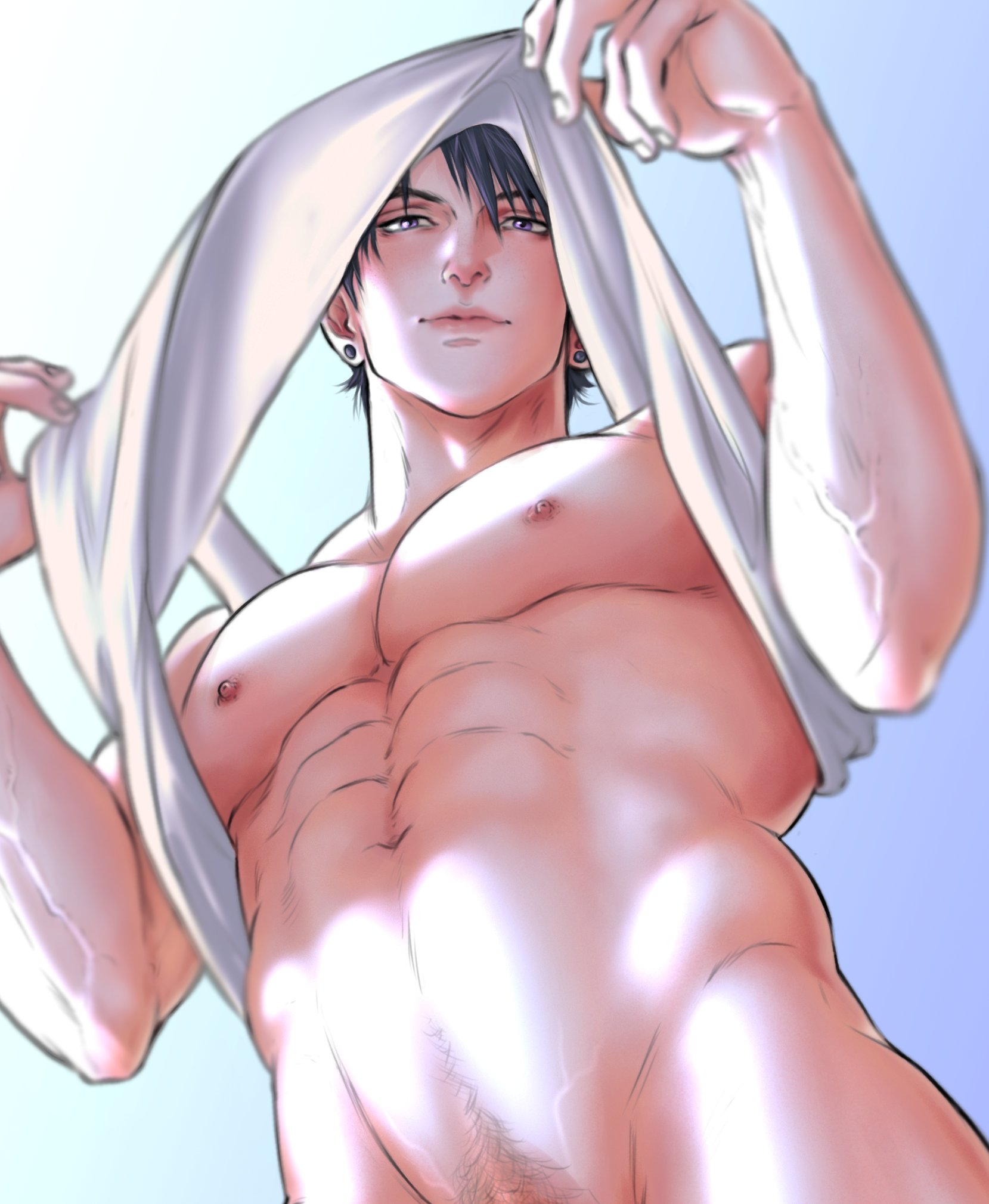 1boy, abs, bara, caleb (love and deep space), g00miato, looking at viewer, love and deep space, male, male focus, male only, muscular, muscular chest, muscular male, nipples, pecs, pectorals, pubic hair, solo, solo male, yaoi