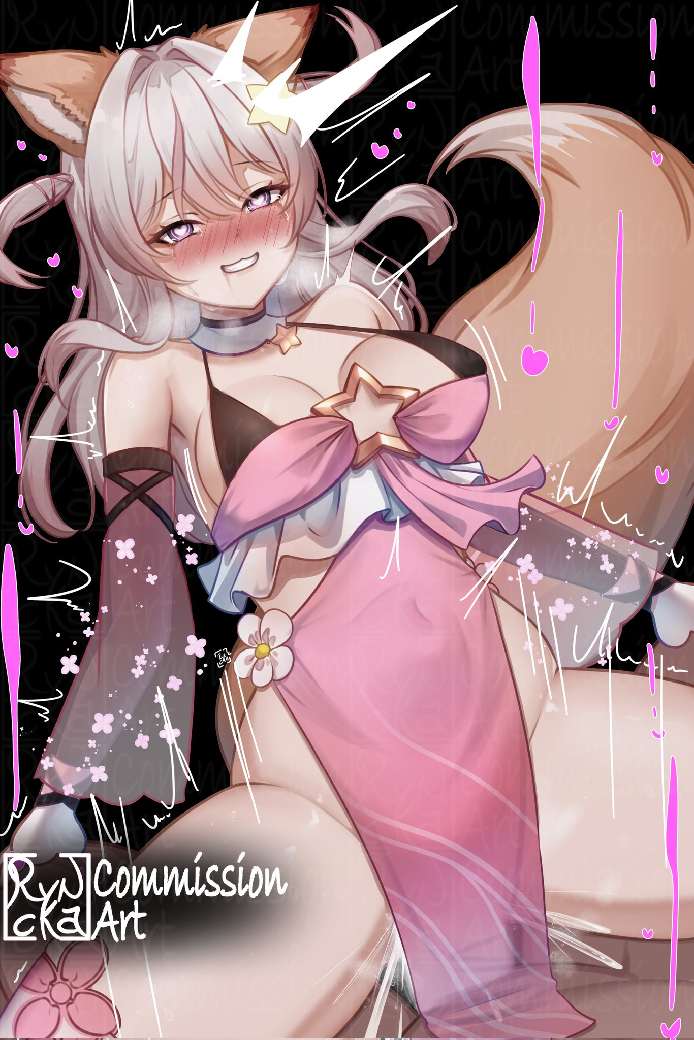 1boy, 1girls, animal ears, annytf, bangs, bare shoulders, blush, breasts, censored, censored penis, clothed, clothed female nude male, clothed sex, cowgirl position, crying, crying while penetrated, cum, cum in pussy, cum inside, dark skin, dark-skinned male, female, fox ears, fox girl, fox tail, grey hair, hair ornament, heart eyes, heart-shaped pupils, heavy breathing, indie virtual youtuber, interracial, interracial sex, large penis, light skin, light-skinned female, long hair, male, multicolored hair, orgasm, penetration, penis, penis in pussy, pink clothes, pink clothing, purple eyes, pussy, ryncka, sex, shivering, solo focus, star (symbol), star hair ornament, stomach bulge, straight, vaginal penetration, virtual youtuber, vtuber