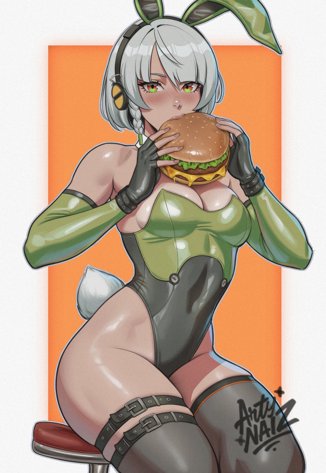 1girls, ai generated, anby demara, artynaiz, breasts, bunny ears, bunny tail, bunnysuit, burger, elbow gloves, fake animal ears, female, female focus, female only, fingerless gloves, food, gloves, leotard, light skin, light-skinned female, looking at viewer, sitting, skindentation, solo, thick thighs, thigh strap, thighhighs, thighs, wide hips, zenless zone zero