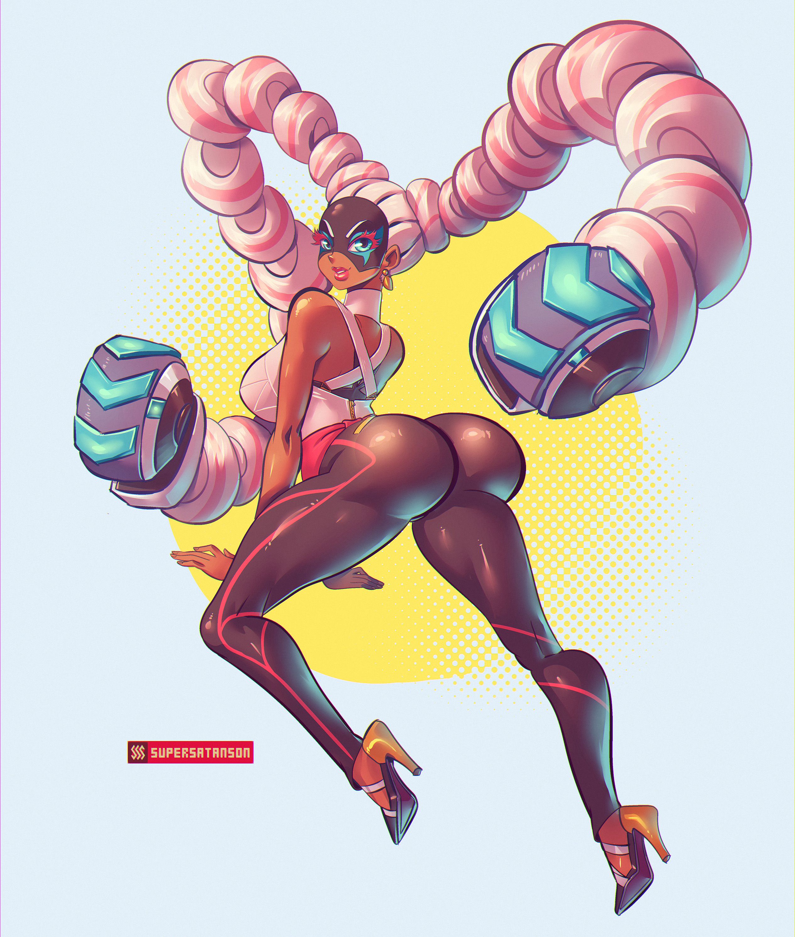 1girls, arms (game), ass, dark skin, dark-skinned female, female, high heels, nintendo, solo, standing, supersatanson, tight clothes, twin braids, twintelle, white hair
