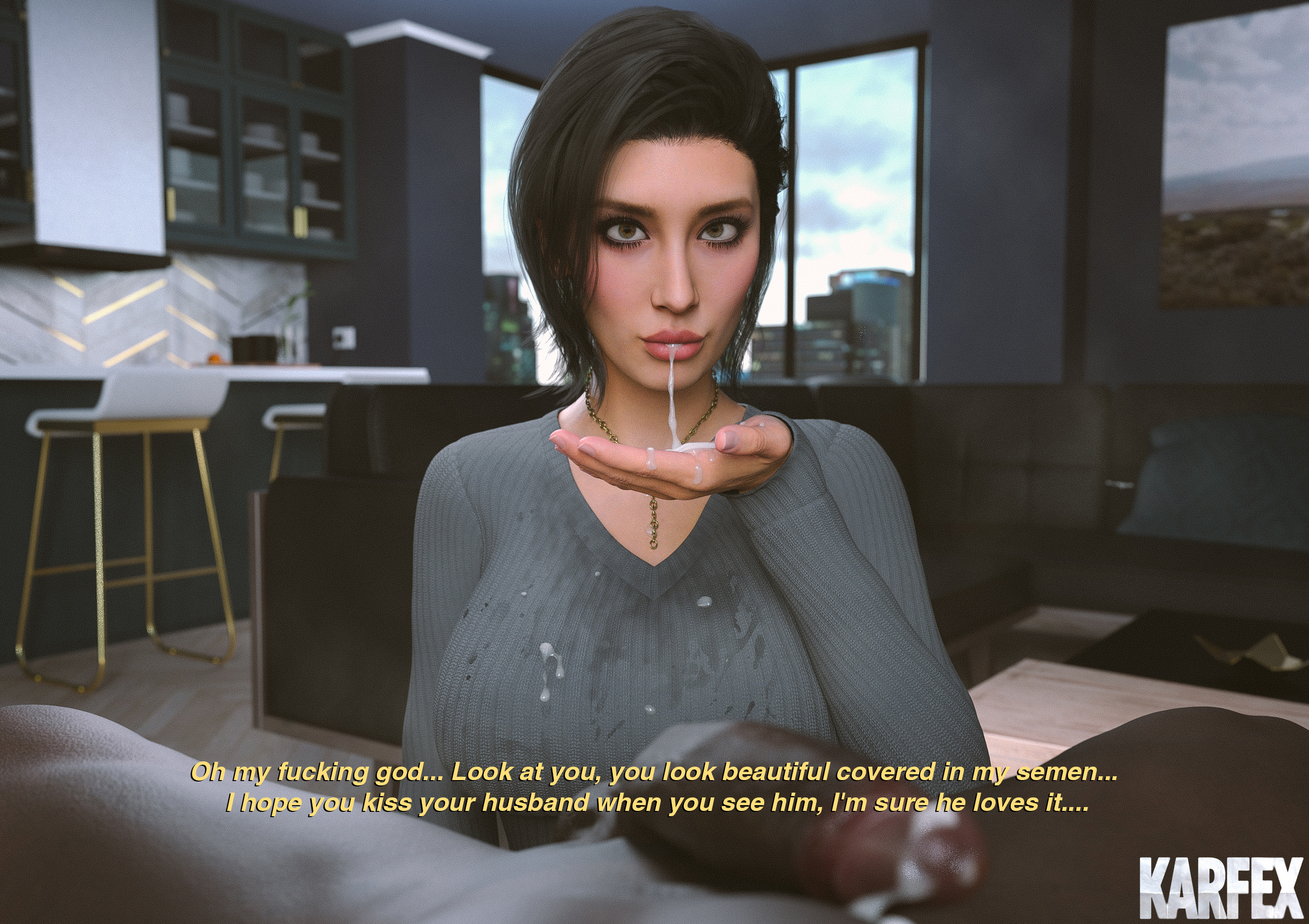 1boy, 1girls, 3d, after fellatio, ashley (karfex), blowjob, blowjob face, bull pov, cheating, cheating wife, clothed female nude male, cum, cum in mouth, cum on face, dark skin, dark-skinned male, female, interracial, karfex, light skin, light-skinned female, male, ntr, oral, pov, text