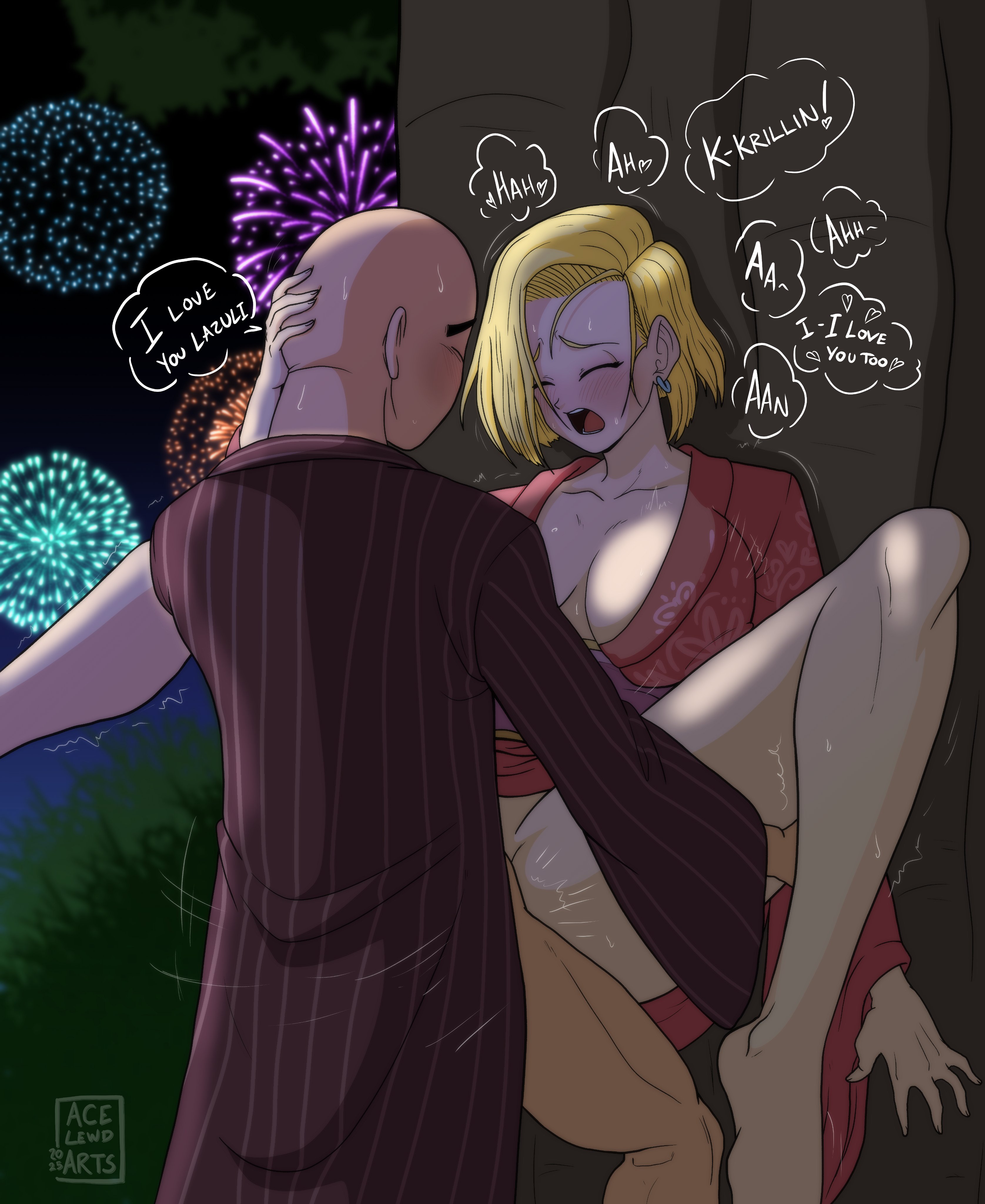 1boy, 1girl, 1girls, acelewdarts, android 18, blush, breasts, canon couple, couple, day, dragon ball, dragon ball super, english text, female, fidelity, horny, horny female, husband and wife, krillin, kuririn, loving couple, male, moan, moaning, orgasm face, outdoors, sex, speech bubble, sweat, thick thighs, uncensored