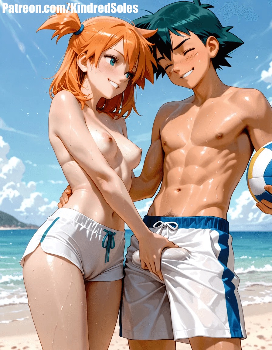 ai generated, balls, beach, breasts, breasts out, cameltoe, couple, crotch grab, erection, erection under clothes, female, fit, fondling, fondling balls, ginger, grabbing penis, hand on back, holding penis, horny, horny female, kasumi (pokemon), male, nipples, orange hair, penis, pokemon, pokemon rgby, pubic hair, pubic hair peek, public, public indecency, public nudity, pussy, pussy lips, pussy outline, satoshi (pokemon), seaside, shorts, side ponytail, small breasts, smirk, sunny, teasing, toned, topless, volleyball