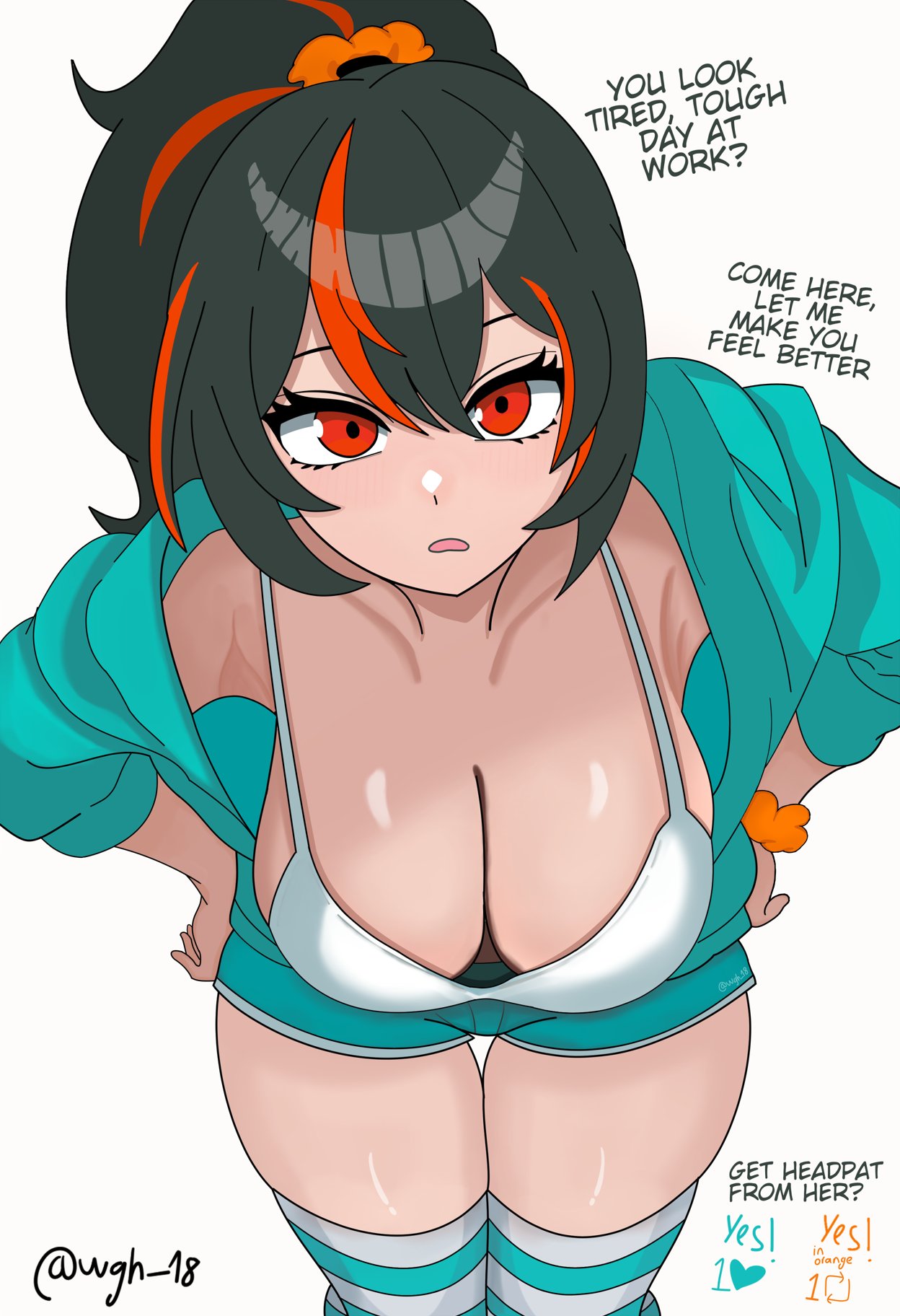 big_breasts big_breasts breasts breasts leaning_forward light-skinned_female light_skin multicolored_hair pov red_eyes shorter_female smaller_female thick_thighs thighs wgh_18 wife zenless_zone_zero zhu_yuan