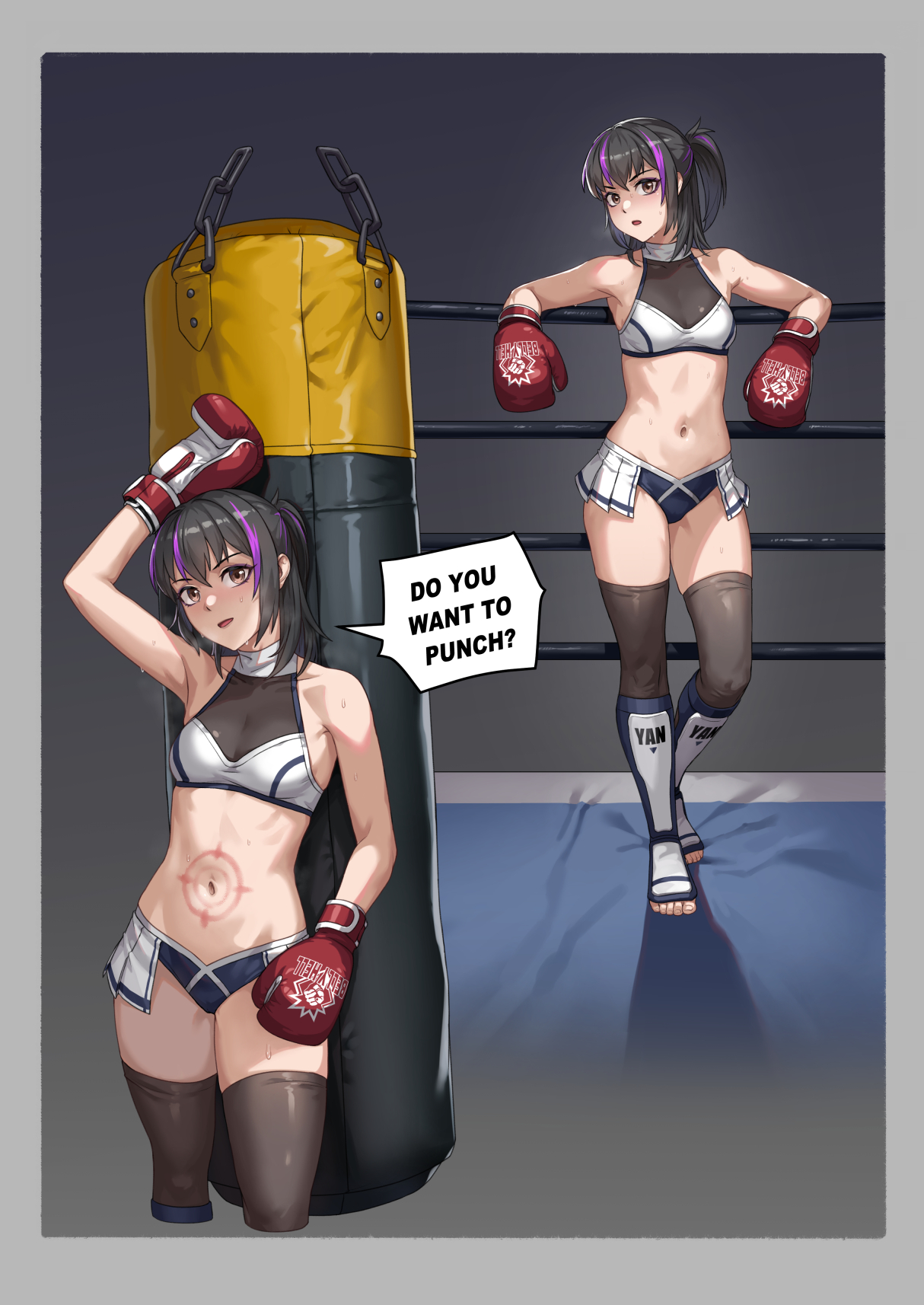 1girls, boxing, boxing gloves, boxing ring, breasts, bullseye (target), crop top, english text, female, female only, inviting, medium breasts, midriff, miniskirt, multicolored hair, navel, original character, ponytail, punching bag, revealing clothes, showgirl skirt, situyan0303, stomach punch, tagme, text, thighhighs