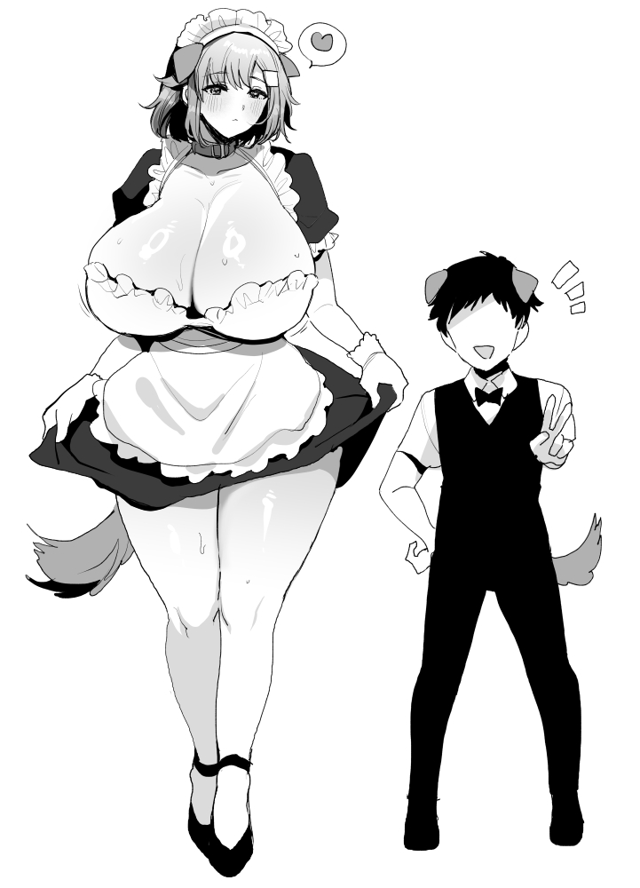 1boy, 1girls, 2d, 2d (artwork), big breasts, bigger female, breasts, butler, butler uniform, detailed female, dog boy, dog girl, dogboy, duo, featureless male, female, height comparison, height difference, huge breasts, large boobs, large breasts, larger female, light skin, light-skinned female, light-skinned male, maid, maid headdress, maid outfit, maid uniform, male, meimeikomeimei, shorter male, size comparison, size difference, smaller male, thick thighs, thighs