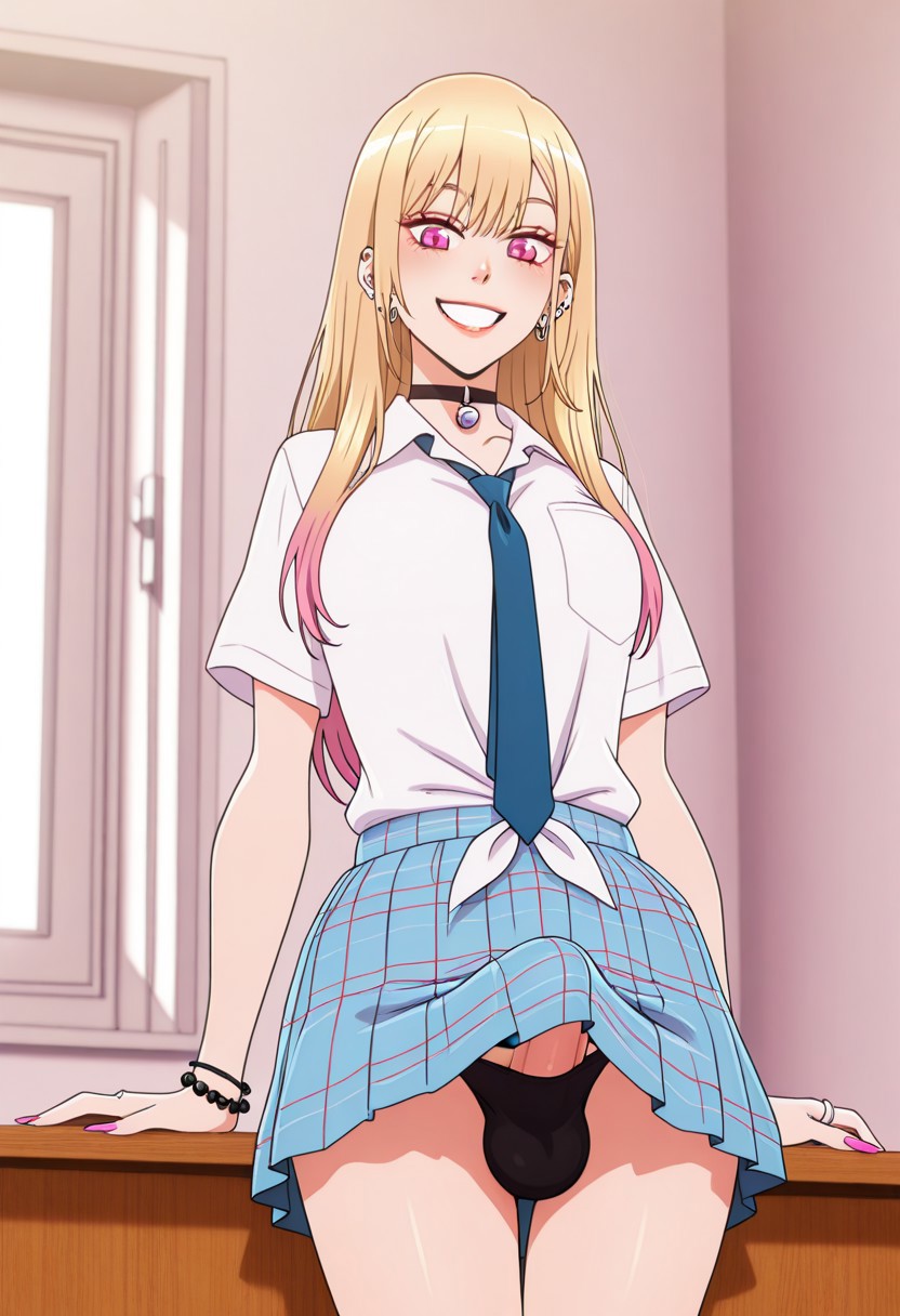 1futa 2d ai_generated anasheya_(style) balls black_panties blonde_futa blonde_hair blondshell blue_skirt bulge choker civitai clothed clothed_futa futa_only futanari human human_only intersex kitagawa_marin light-skinned_futa light_skin looking_at_viewer multicolored_hair panties penis plaid_skirt shirt short_sleeves skirt smile smiling_at_viewer solo sono_bisque_doll_wa_koi_wo_suru tenting white_shirt