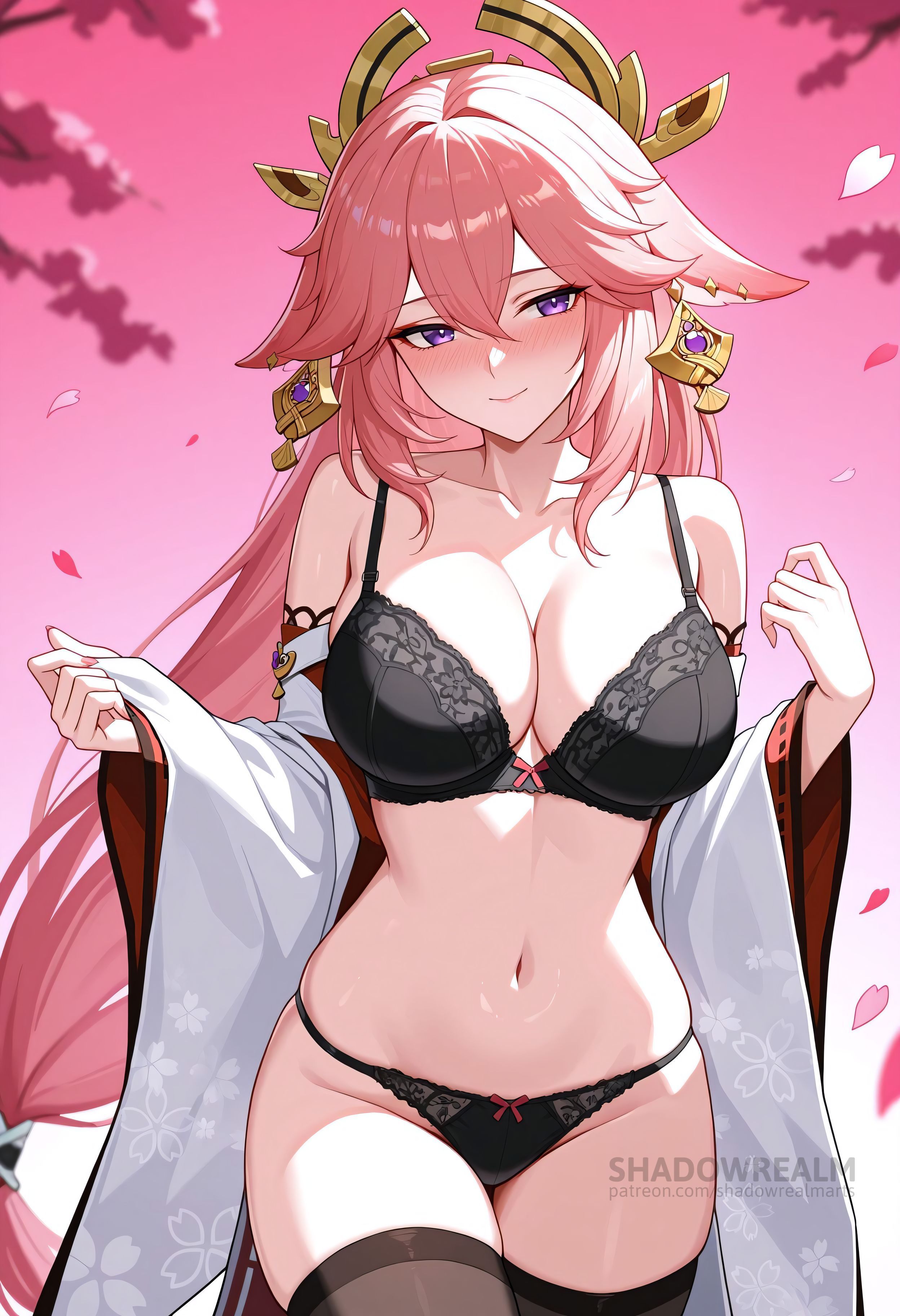 ai generated, animal ears, bare shoulders, black bra, black panties, black thighhighs, blush, bow, bow panties, bra, breasts, cherry blossoms, cleavage, closed mouth, collarbone, cowboy shot, detached sleeves, earrings, falling petals, female, floppy ears, floral print, fox ears, genshin impact, hair between eyes, hair ornament, japanese clothes, jewelry, lace trim, lace-trimmed bra, large breasts, long hair, long sleeves, looking at viewer, navel, open clothes, panties, petals, pink hair, purple eyes, shadowrealmarts, skindentation, smile, solo, stomach, thighhighs, thighs, uncensored, underwear, very long hair, white sleeves, wide sleeves, yae miko