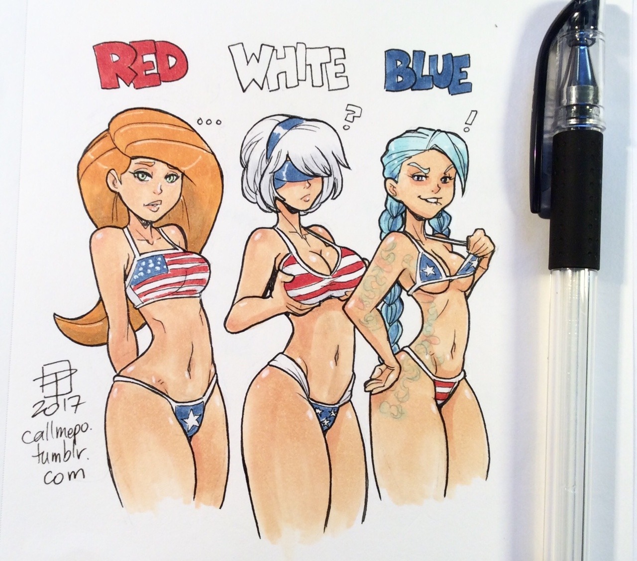 2017, 3girls, american flag, american flag bikini, belly, bikini, blue hair, breasts, callmepo, color, colored, crossover, disney, eastern and western character, female, female only, green eyes, holidays, jinx (league of legends), kim possible, kimberly ann possible, league of legends, lineup, long hair, medium breasts, multiple females, multiple girls, navel, nier (series), nier: automata, orange hair, redhead, riot games, square enix, swimsuit, tattoo, uncensored, white hair, yorha 2b