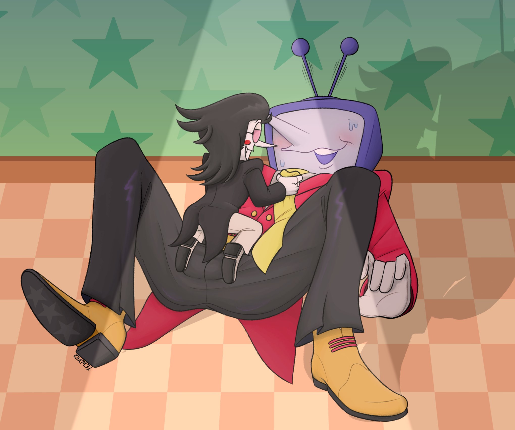 2025, 2boys, antennae, background, bulge, bulge through clothing, clothed, clothed male, clothes, clothing, color, colored, deltarune, deltarune chapter 3, digital drawing (artwork), digital media (artwork), duo, gay, gay male, hi res, high resolution, highres, legs apart, legs spread, male, male focus, male only, male/male, on top, pointy nose, puppet, robot, robot humanoid, size difference, spamton g spamton, spread legs, spreading, spreading legs, tenna (deltarune), tie, tv, tv head