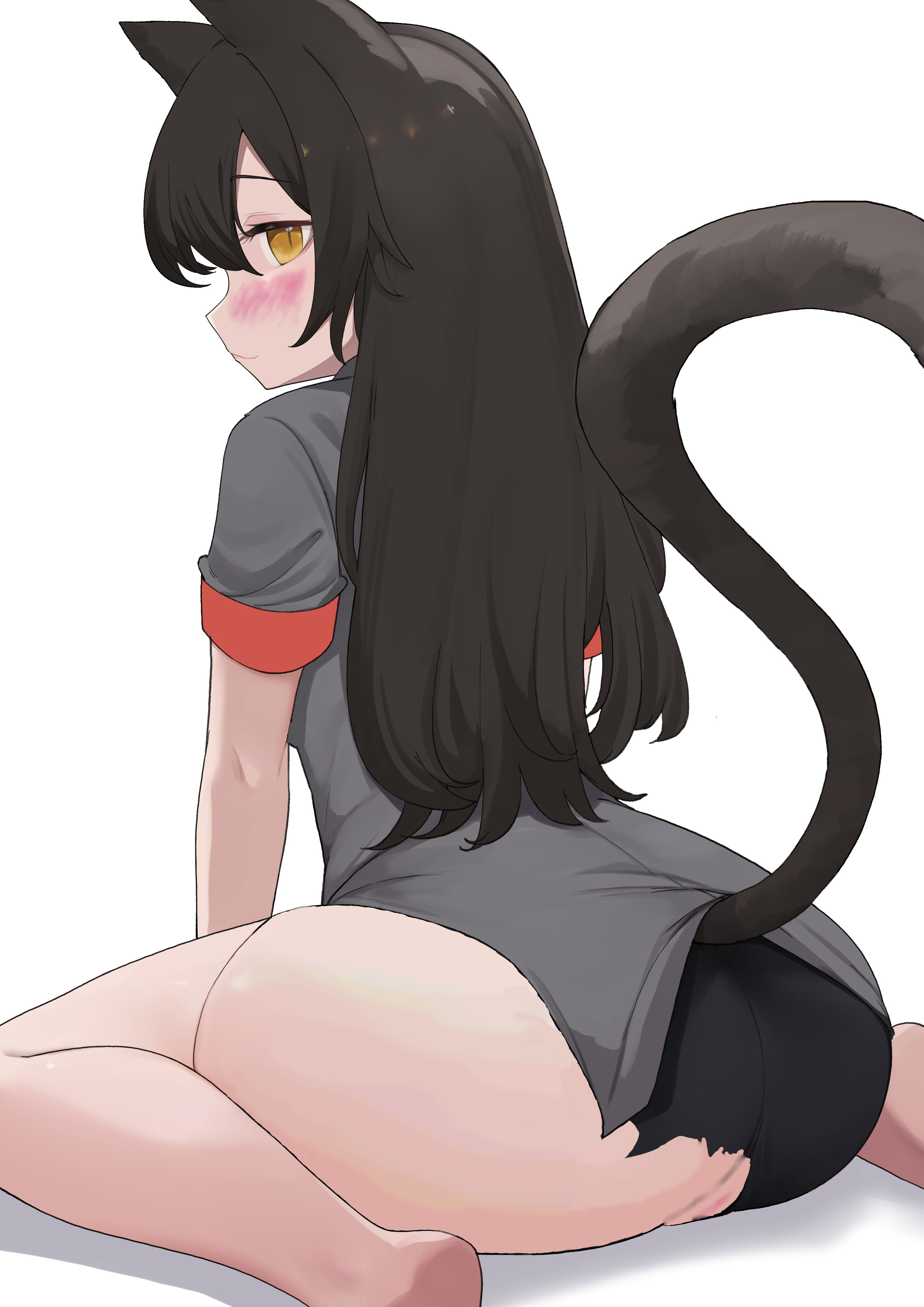blush, cat ears, cat girl, cat tail, catgirl, daebom, edit, female, panther a, ripped clothing, smiling, thick thighs, war thunder, yellow, yellow eyes