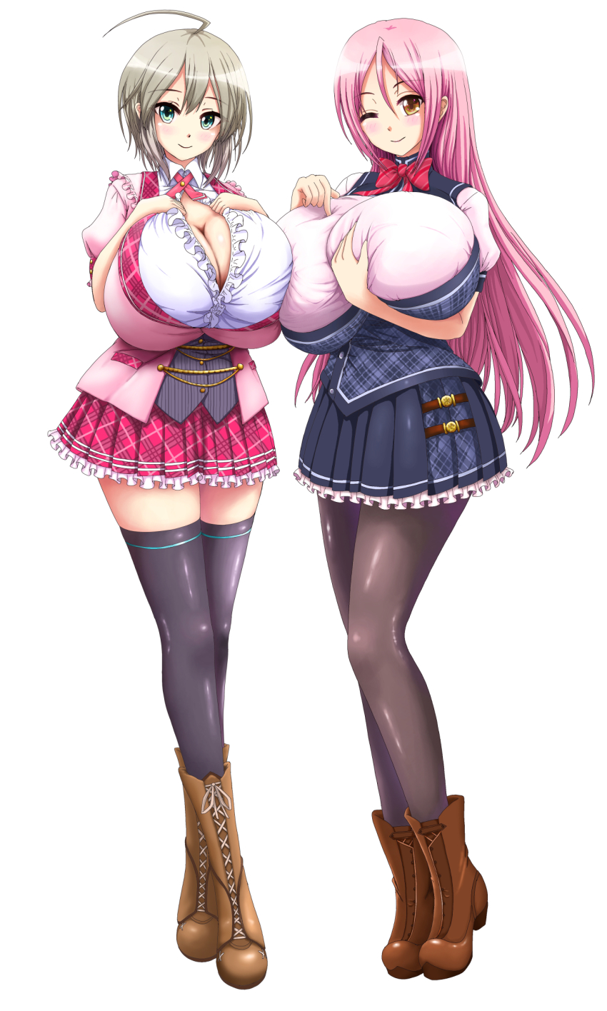 2girls btk cleavage curvy female female_only full_body grey_hair huge_breasts long_hair looking_at_viewer multiple_girls pink_hair short_hair skirt smile