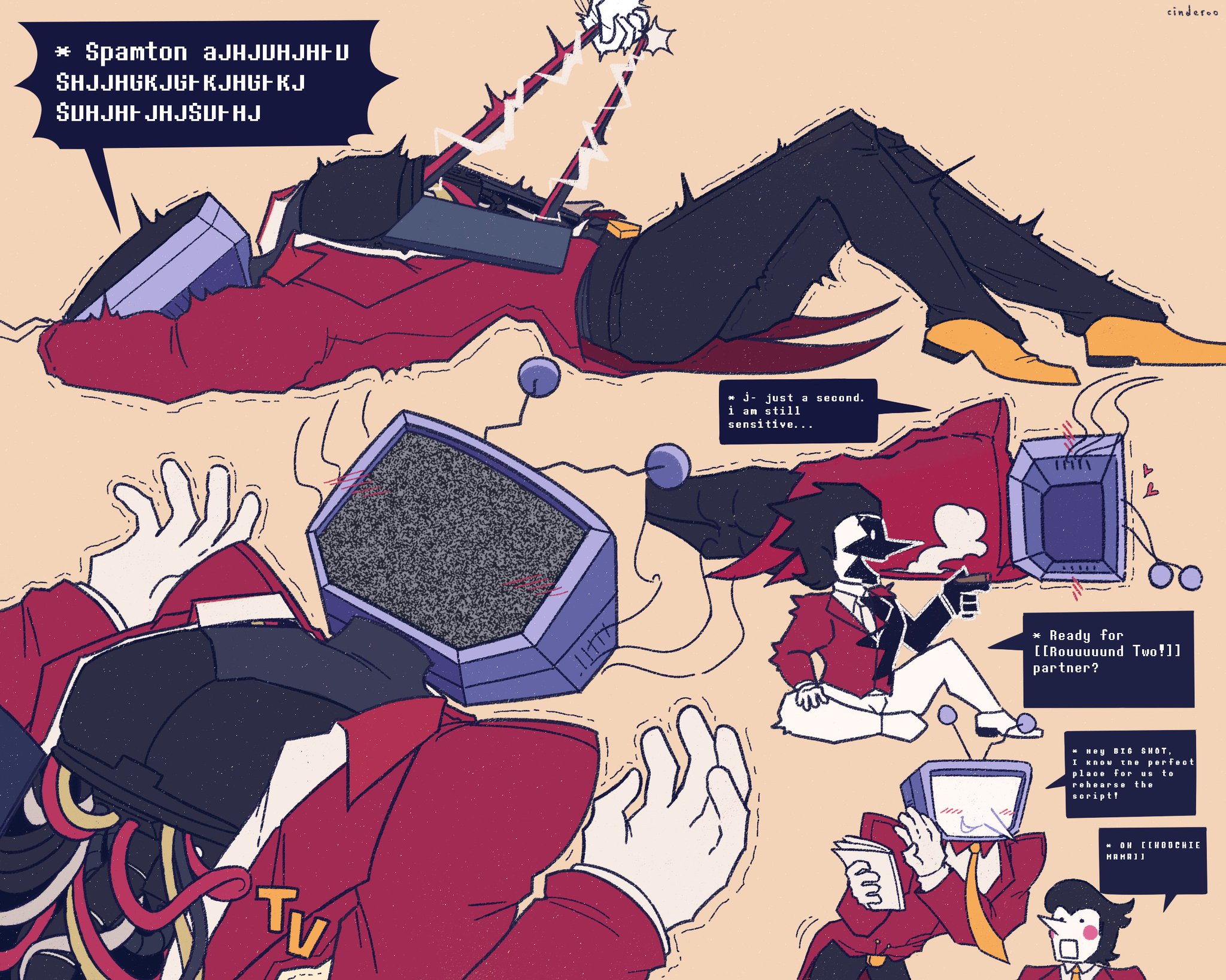 2025, 2boys, antennae, clothed, clothed male, clothes, clothing, color, colored, deltarune, deltarune chapter 3, dialogue, digital drawing (artwork), digital media (artwork), english dialogue, english text, gay, gay male, hi res, high resolution, highres, male, male focus, male only, male/male, on back, open clothes, open shirt, puppet, robot, robot humanoid, screen, screen face, simple background, spamton g spamton, speech bubble, suit, suit and tie, tenna (deltarune), text, tie, tv, tv head, wire, wireplay, wires
