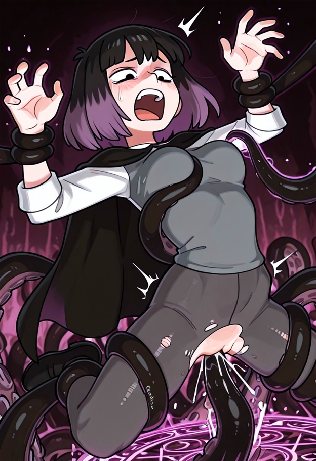 ai_assisted ai_generated bound cape forced kaisa_(hilda) magic magic_circle pantyhose qadisa restrained summoning tentacle torn_clothes witch