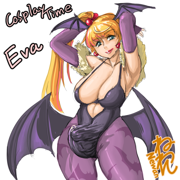 1futa bimbo bimbo_futanari blonde_hair blue_eyes bulge cameltail capcom cleavage clothing cosplay cum darkstalkers erection eva_(neone-x) futa_only futanari intersex large_breasts leotard light_skin morrigan_aensland morrigan_aensland_(cosplay) neone-x panty_bulge pantyhose penis penis_in_leotard penis_under_clothes precum precum_through_clothing succubus