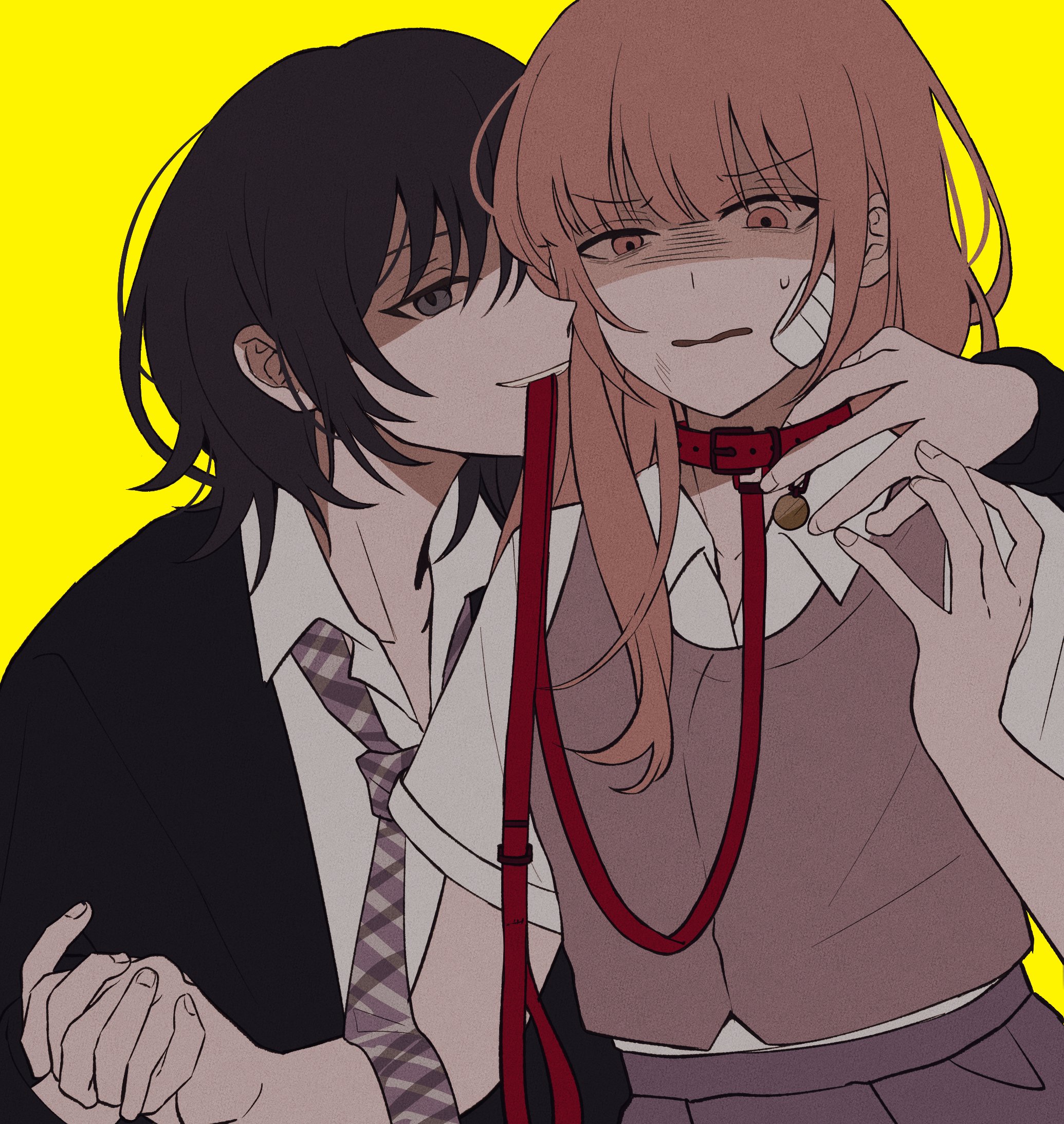 2girls, coloured, dubious consent, female, guiltyskullu, leash, naoi (zenbu kowashite jigoku de aishite), petplay, smile, yoshizawa kurumi, yuri, zenbu kowashite jigoku de aishite