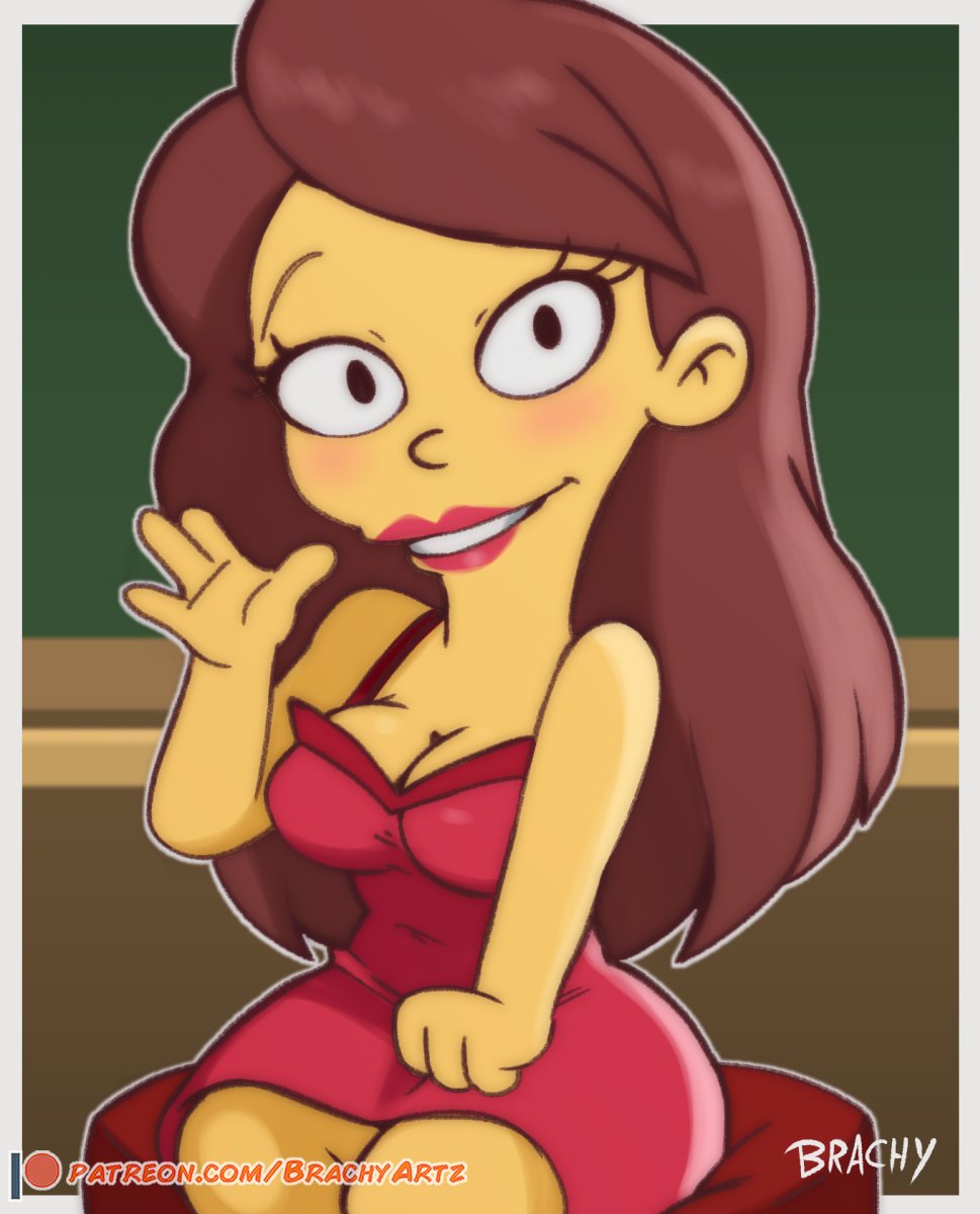 big ass, blush, brachyzoid, breasts, brown hair, cleavage, clothing, cute, cute face, female, greeting, greeting viewer, hand on own leg, human, large breasts, lipstick, little person, long hair, low neckline, maya (simpsons), minidress, pale skin, red dress, red lipstick, short dress, shortstack, sitting, sitting on chair, smile, the simpsons, wide hips