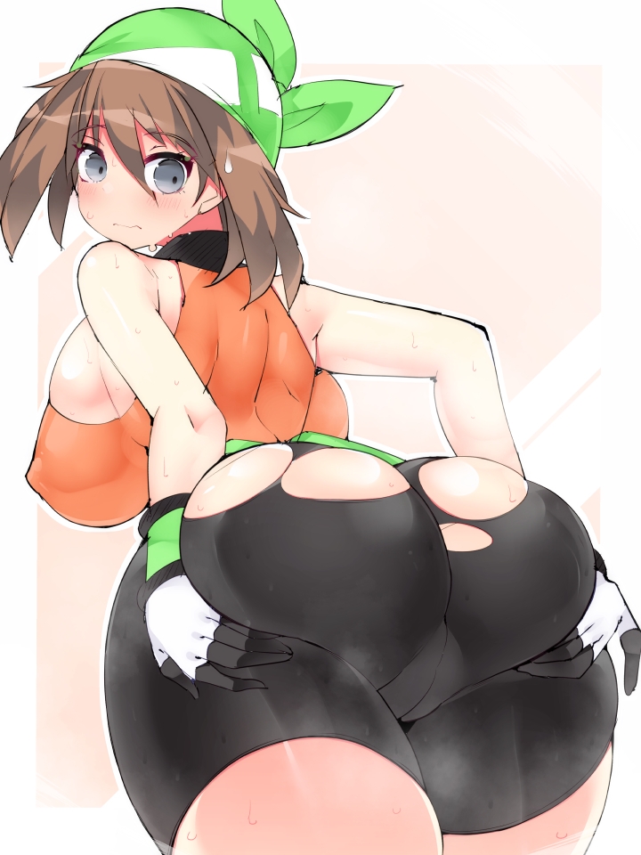 ass, bike shorts, blush, bottomwear, breasts, brown hair, embarrassed, female, gloves, grabbing own ass, gray eyes, hisui (stapspats), huge ass, huge breasts, leggings, may (pokemon emerald), may (pokemon), nintendo, pokemon, pokemon rse, ripped leggings, sideboob, spats, speechless, stapspats, sweat, sweating