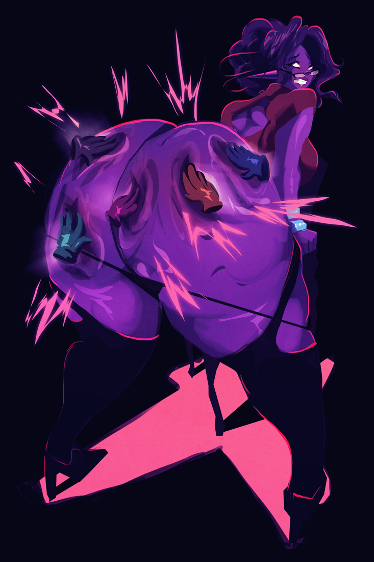 alien, ass, ass slap, blush, breasts, clenched teeth, disembodied hands, female, gigantic ass, glasses, huge ass, milf, myrsi (riendonut), purple hair, purple skin, riendonut, sideboob, spanking, teacher, thighhighs, thong, wide hips