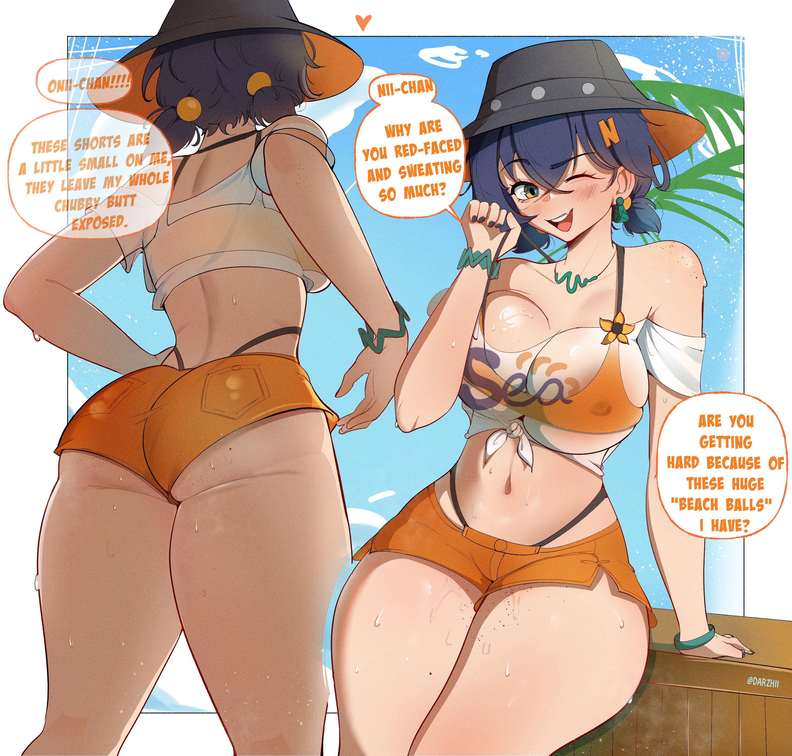 1girls, 2koma, absurd res, alternate costume, ass hanging out, ass hanging out of shorts, back view, belle (summer skies) (zenless zone zero), belle (zenless zone zero), big breasts, booty shorts, breasts, bucket hat, cleavage, darzhii, english text, female, female only, hat, headwear, highres, hoyoverse, incest, light skin, light-skinned female, mihoyo, nipple bulge, official alternate costume, orange shorts, see-through, see-through clothing, short shorts, shorts, solo, speech bubble, text, thick thighs, zenless zone zero