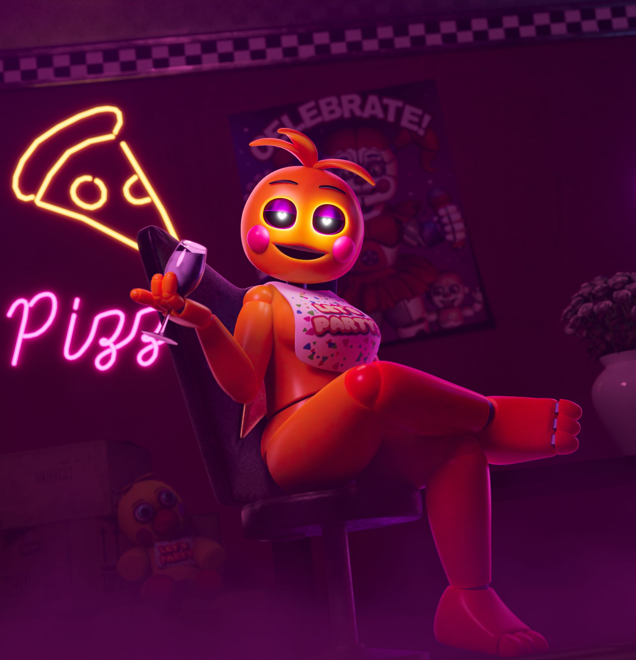 16:9, 3d, 4k, absurd res, anthro, ashleyorange, avian, bib, bird, blue eyes, bodily fluids, bottomless, chair, chicken, clothed, clothing, cum, cum in mouth, cum inside, drinking, drinking cum, drinking milk, duo, eyeshadow, feathers, female, five nights at freddy's, five nights at freddy's 2, footwear, full color, furniture, galliform, gallus (genus), genital fluids, hair, heart, hi res, humanoid, machine, makeup, on chair, orange feet, orange legs, phasianid, robot, robot humanoid, scottgames, sitting, sitting on chair, solo, topwear, toy chica (ashleyorange), toy chica (fnaf), toy chica (love taste), video games, white eyes, widescreen, yellow body, yellow feathers