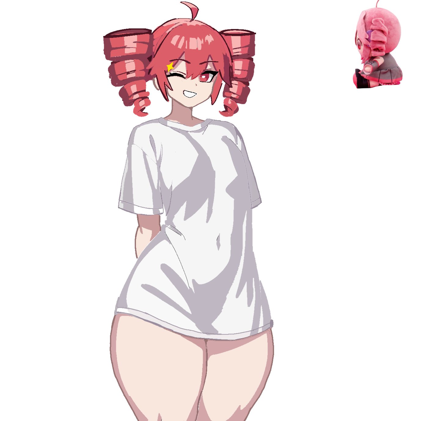 big thighs, casual clothes, fatass teto plush, female, kasane teto, pear shaped, red hair, smiling at viewer, twin drills, v0caloid02, white shirt, winking at viewer